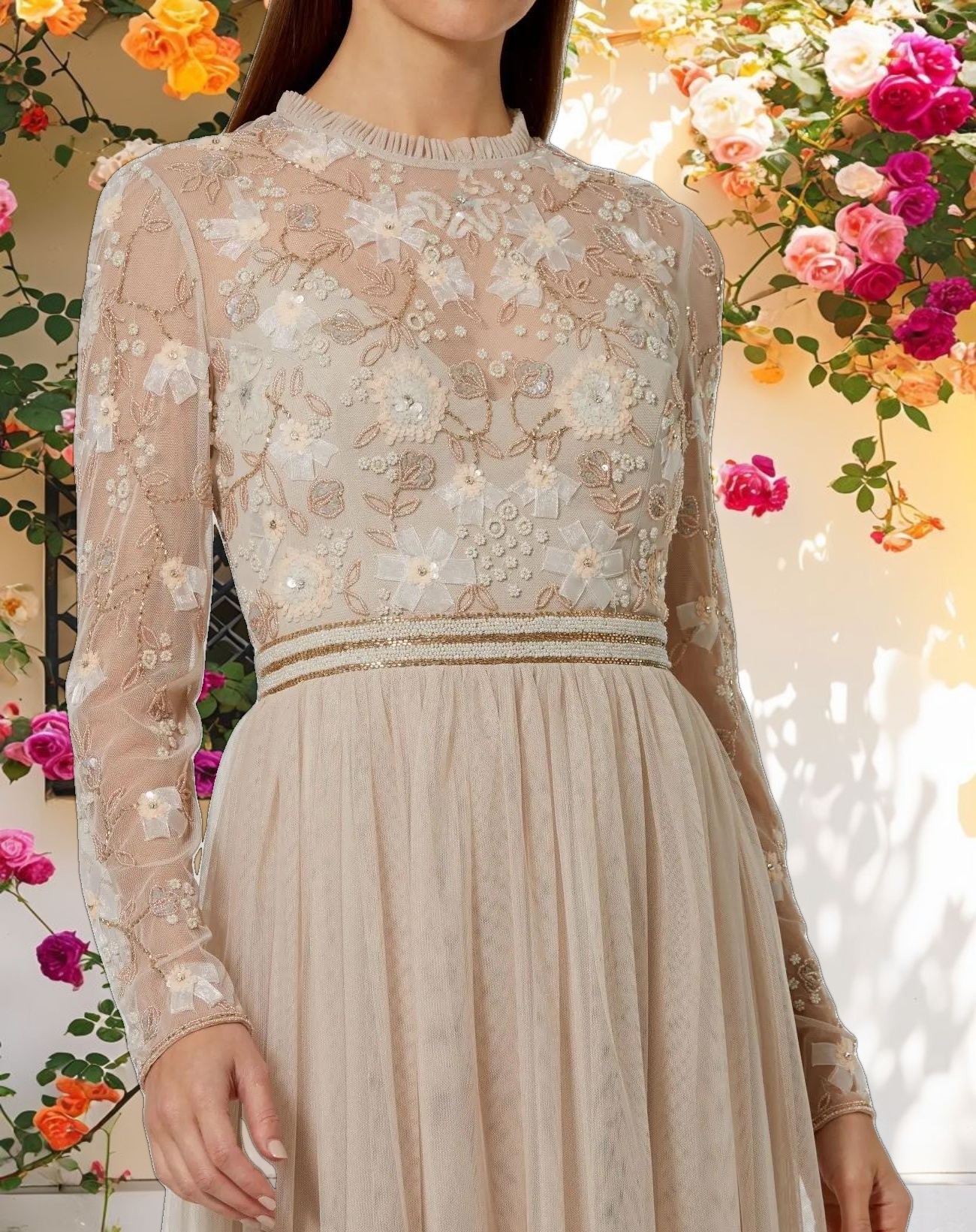 Embellished Illusion High Neck Long Sleeve Gown