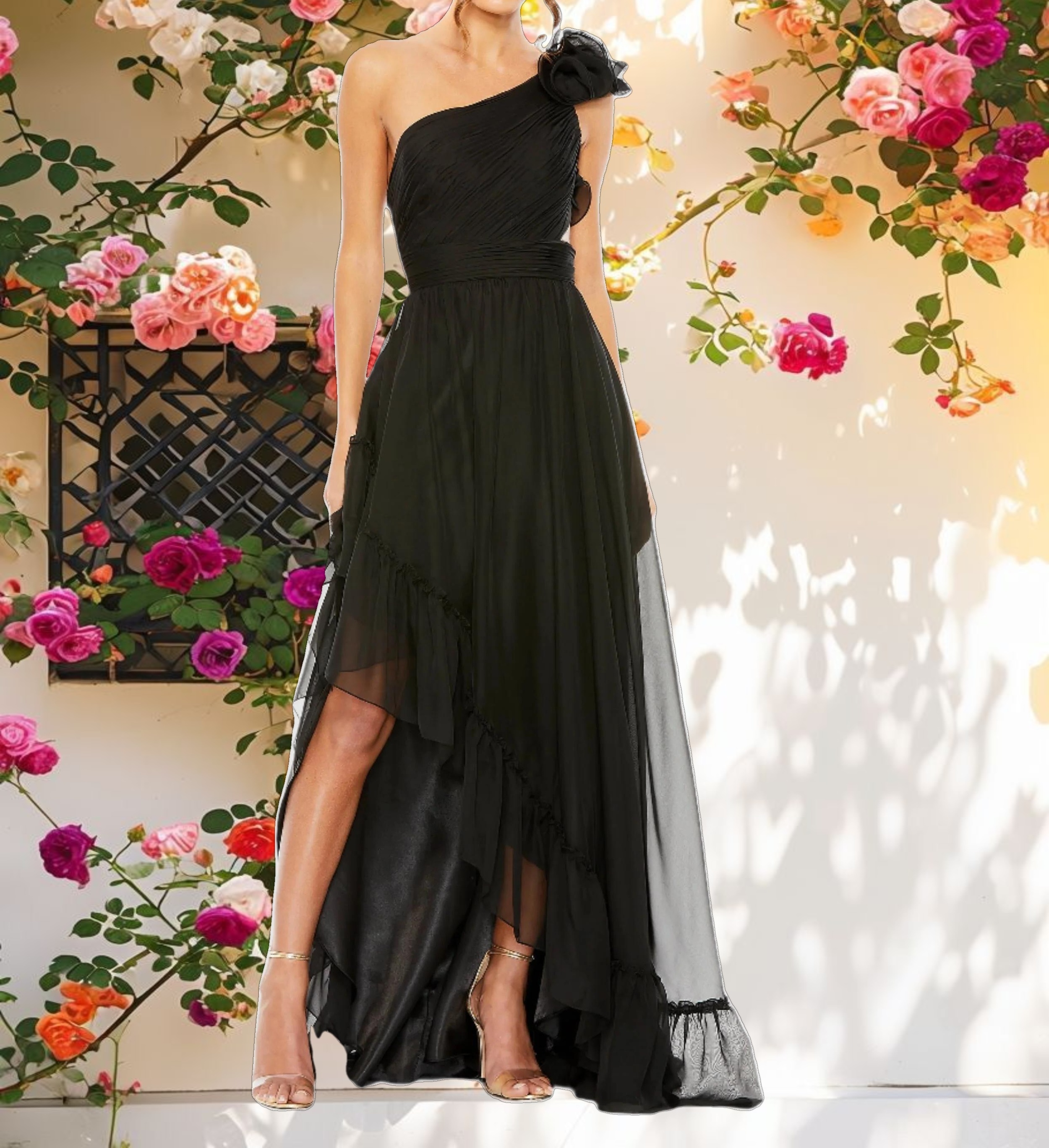Black Ruffled One Shoulder Asymmetrical Gown