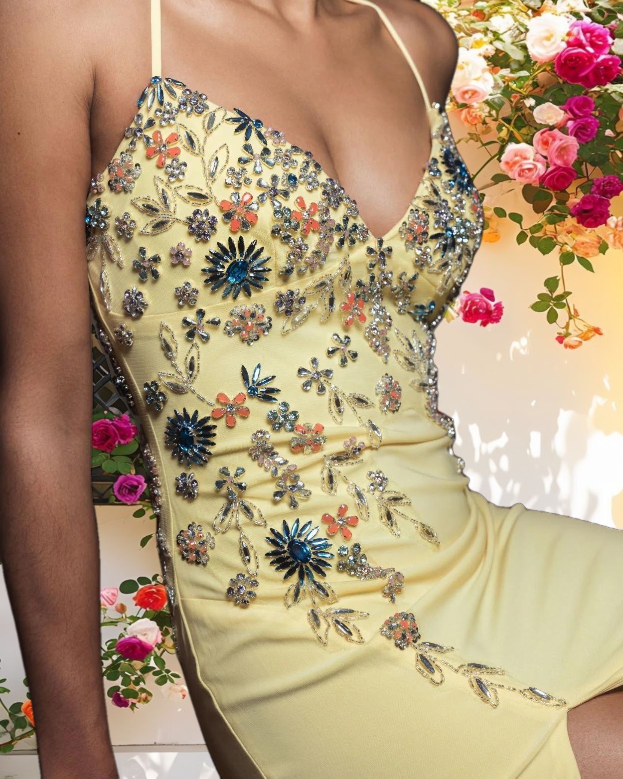 Yellow Multi Color Beaded Floral Cami Gown