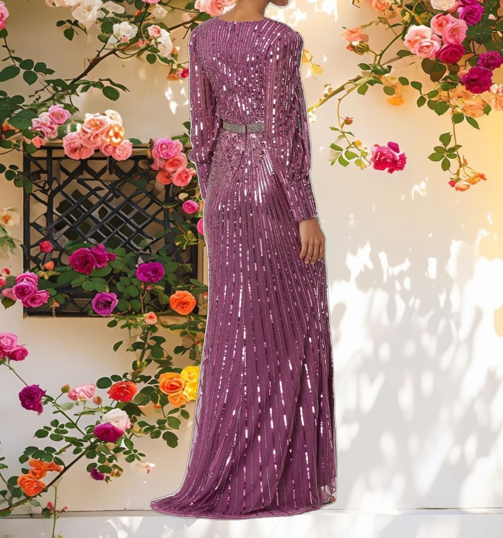 Purple Sequined Wrap Over Bishop Sleeve Gown
