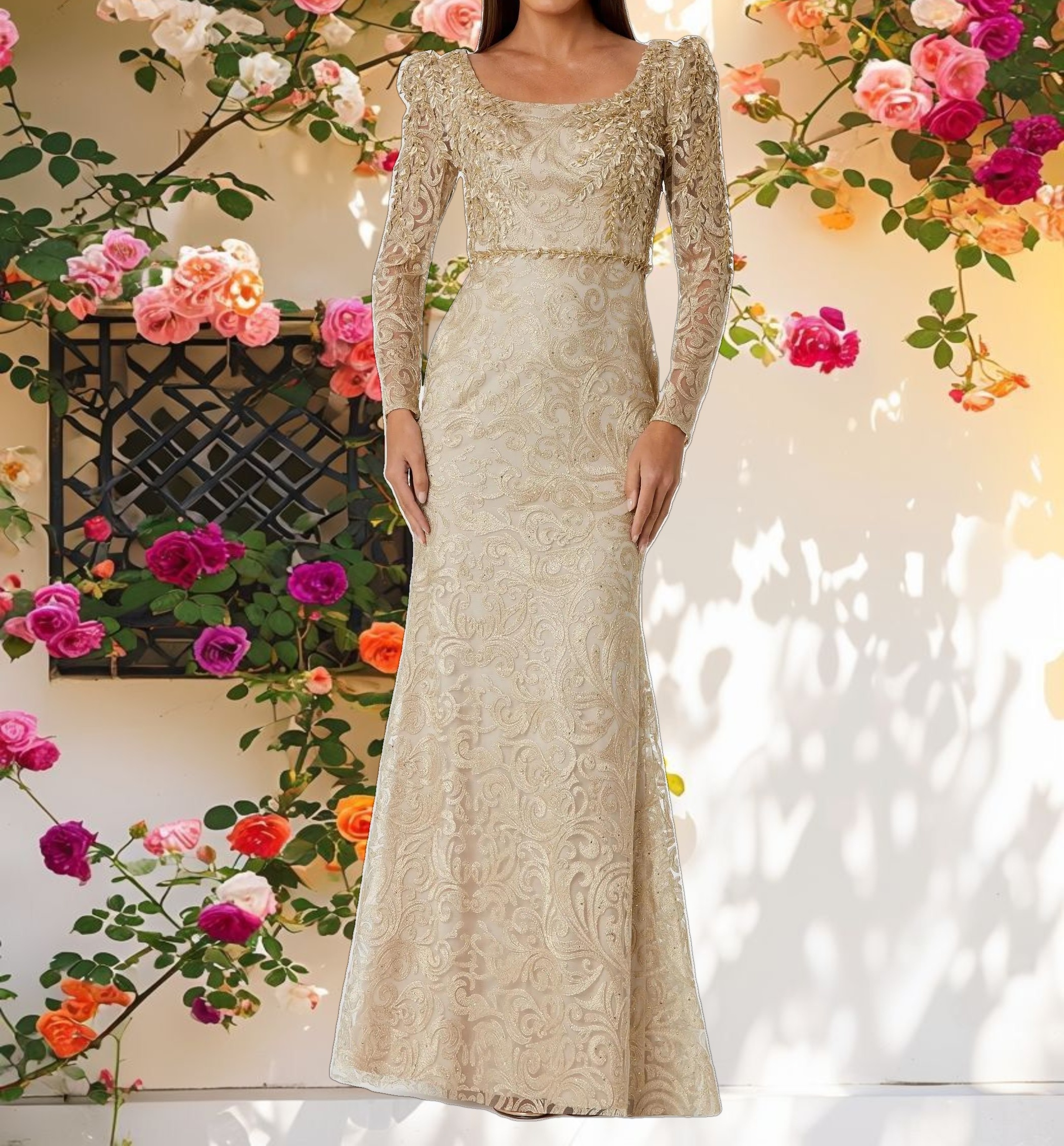 Gold Embroidered Lace Applique Shoulder Detail Trumpet Gown