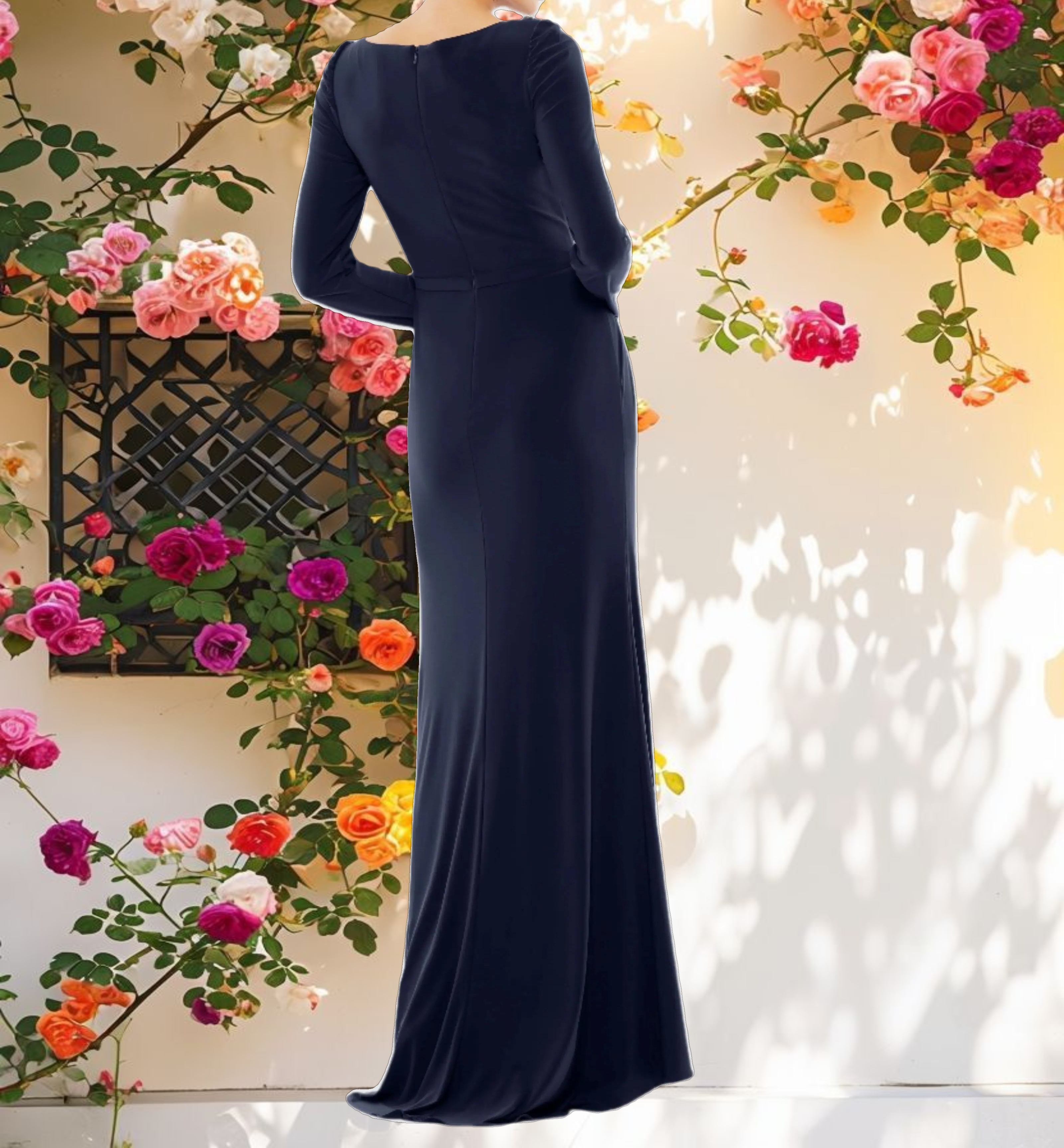 Draped Bateau Long Sleeve Gown