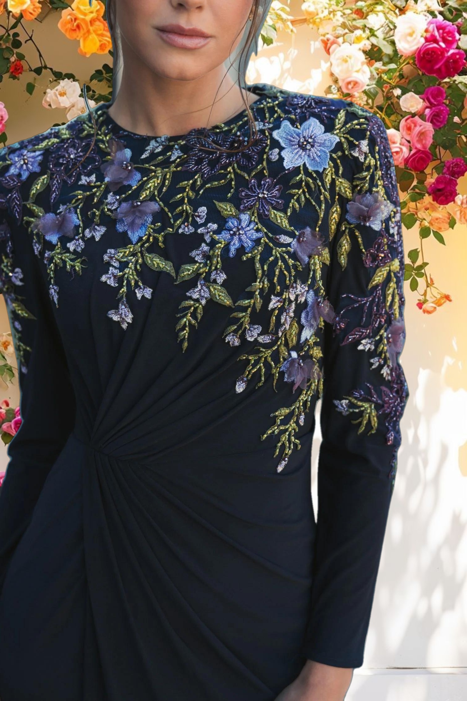 Navy Embellished Long Sleeve Fitted Jersey Gown
