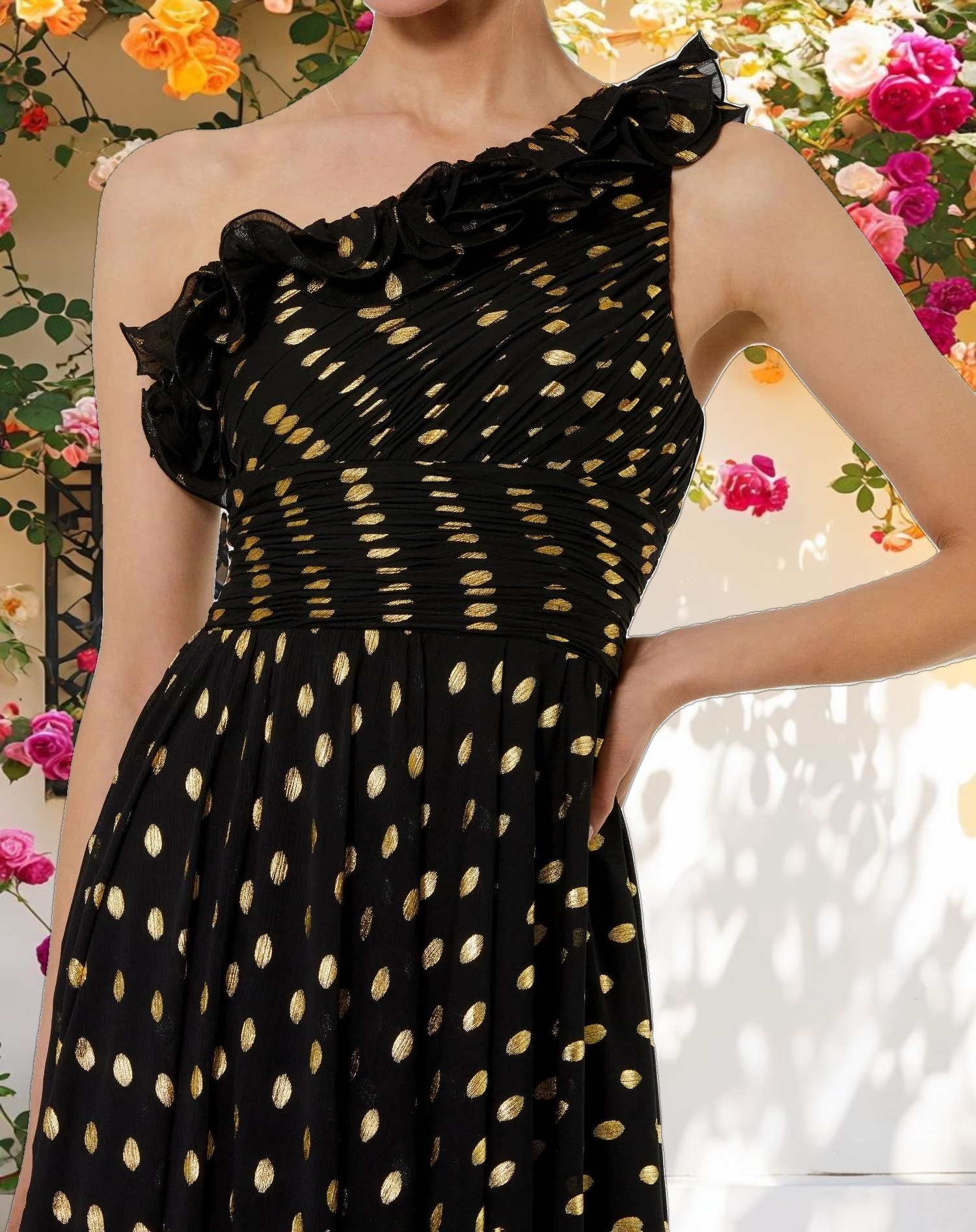 One Shoulder Ruffle Chiffon Gown With Slit