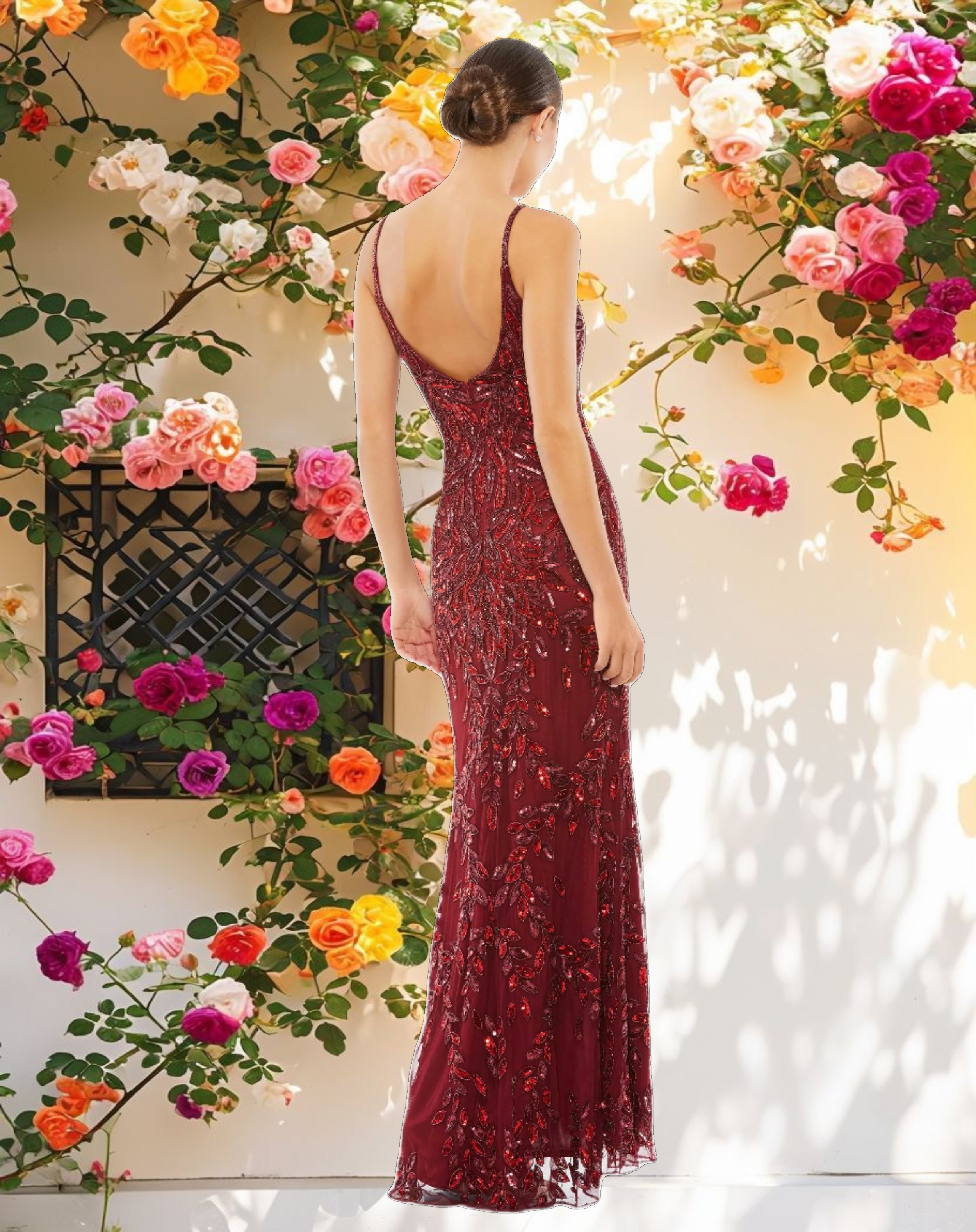 Red Embellished Leaf Evening Gown