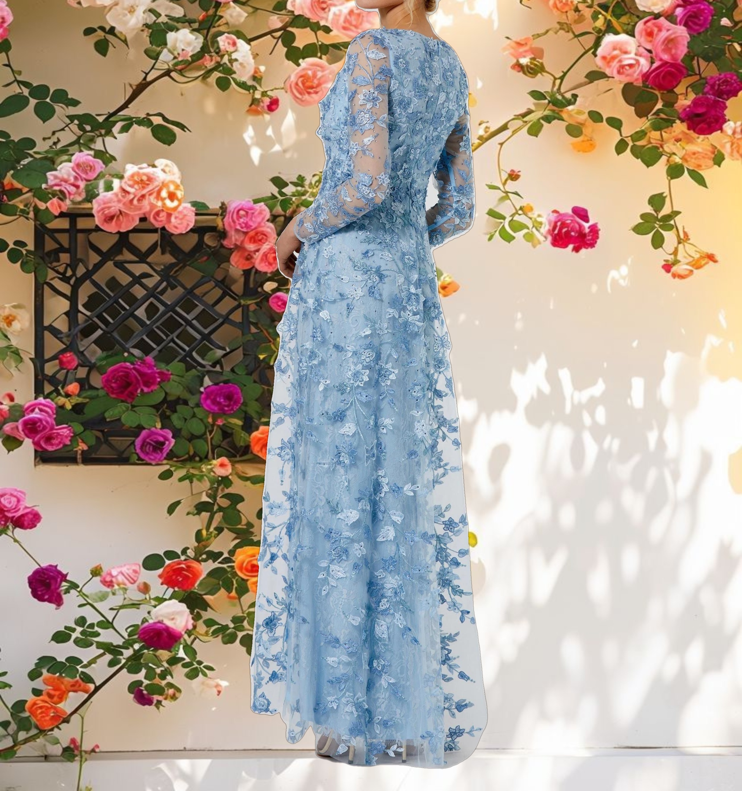 Blue Floral Applique Long Sleeve Illusion Gown