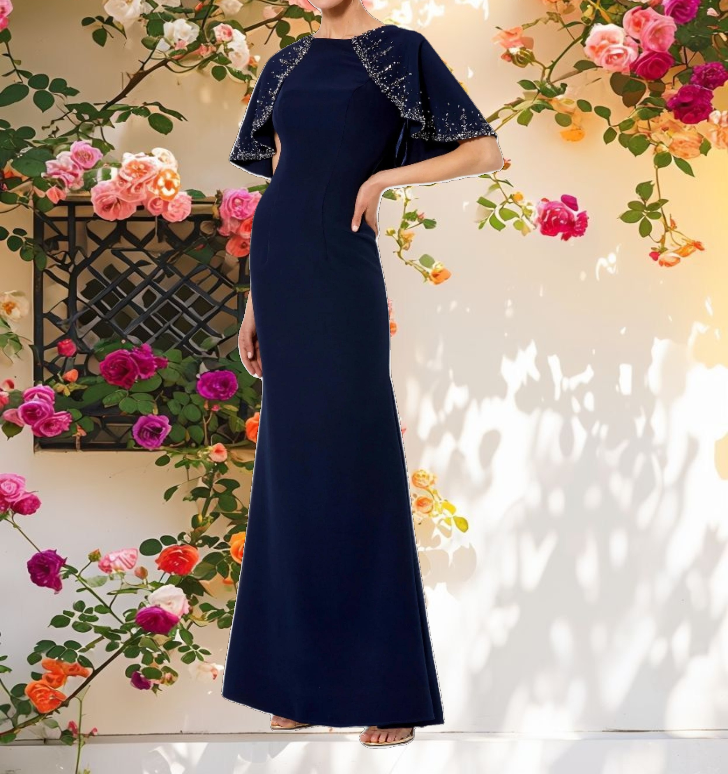 Crepe High Neck Fitted Gown With Beaded Shawl