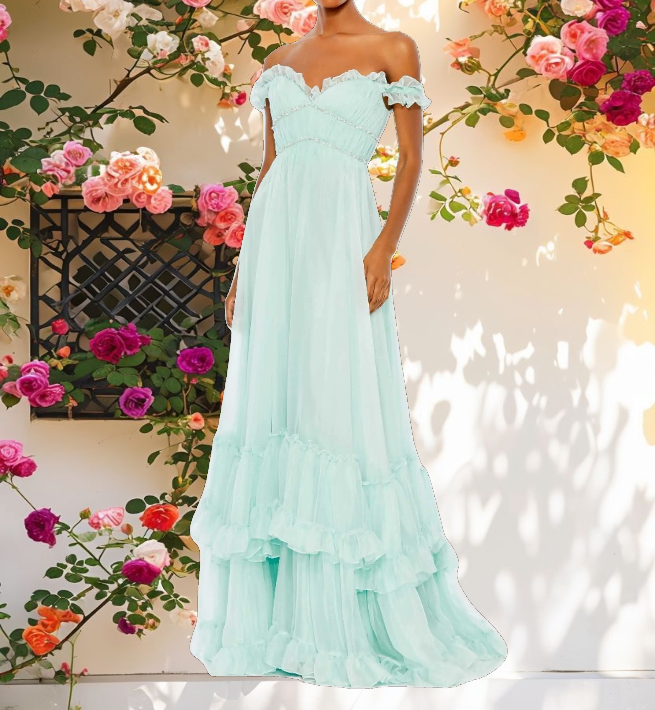 Blue Ruffle Tiered Babydoll Flowy Gown