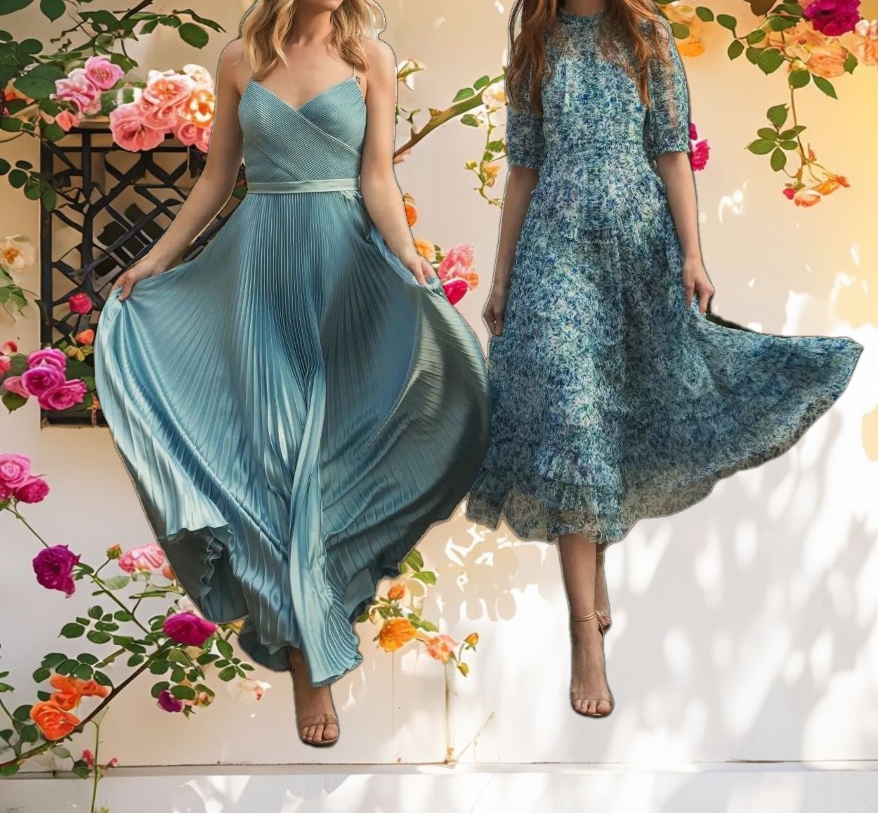 Blue Mesh Puff Sleeve Floral Print Dress