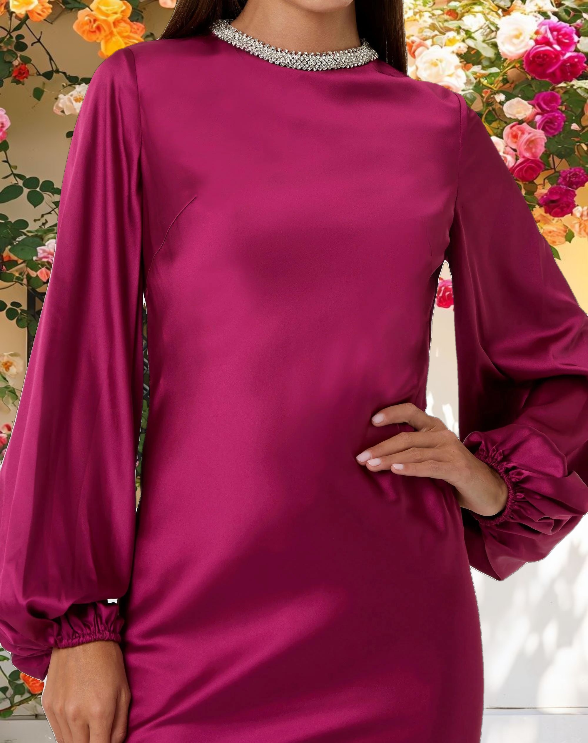 Purple Beaded High Neck Bishop Sleeve Satin Gown