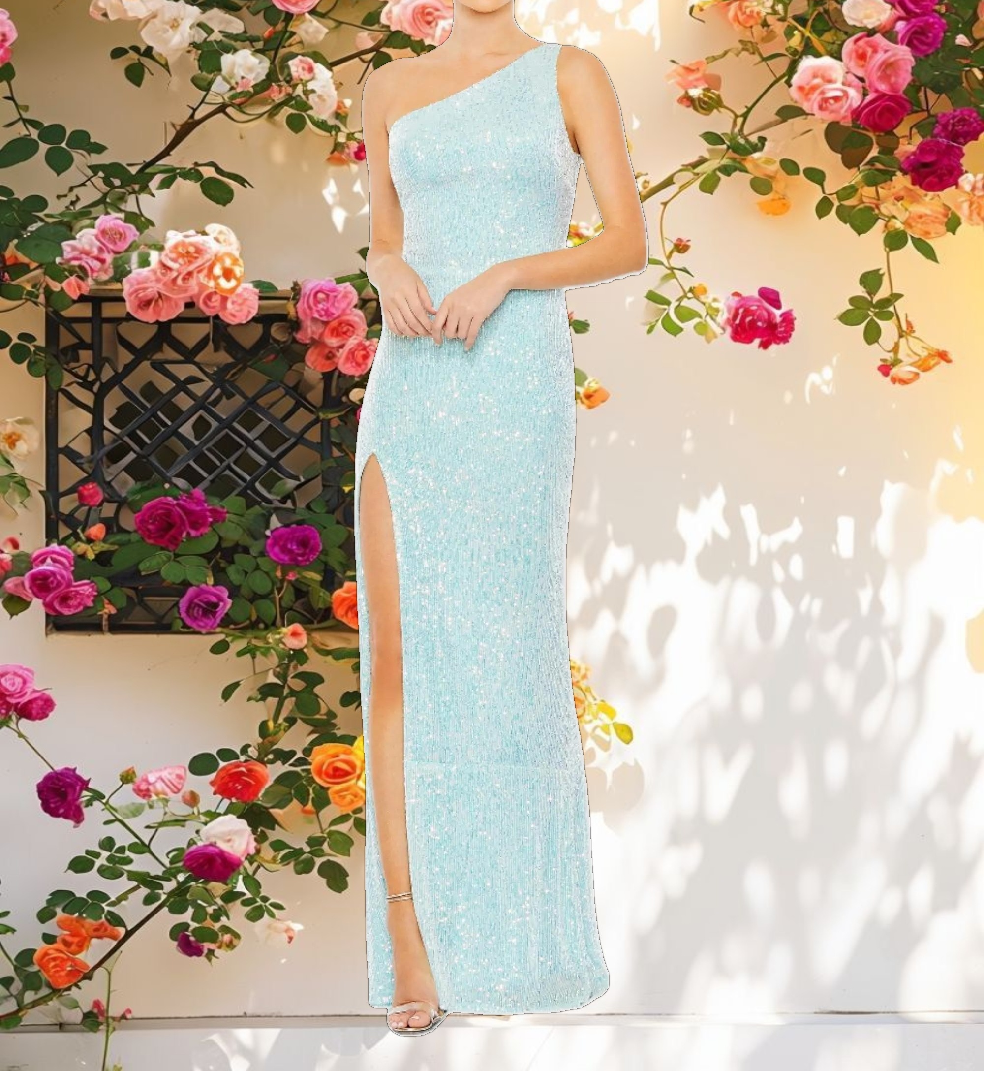 Blue Sequined One Shoulder Draped Back Gown