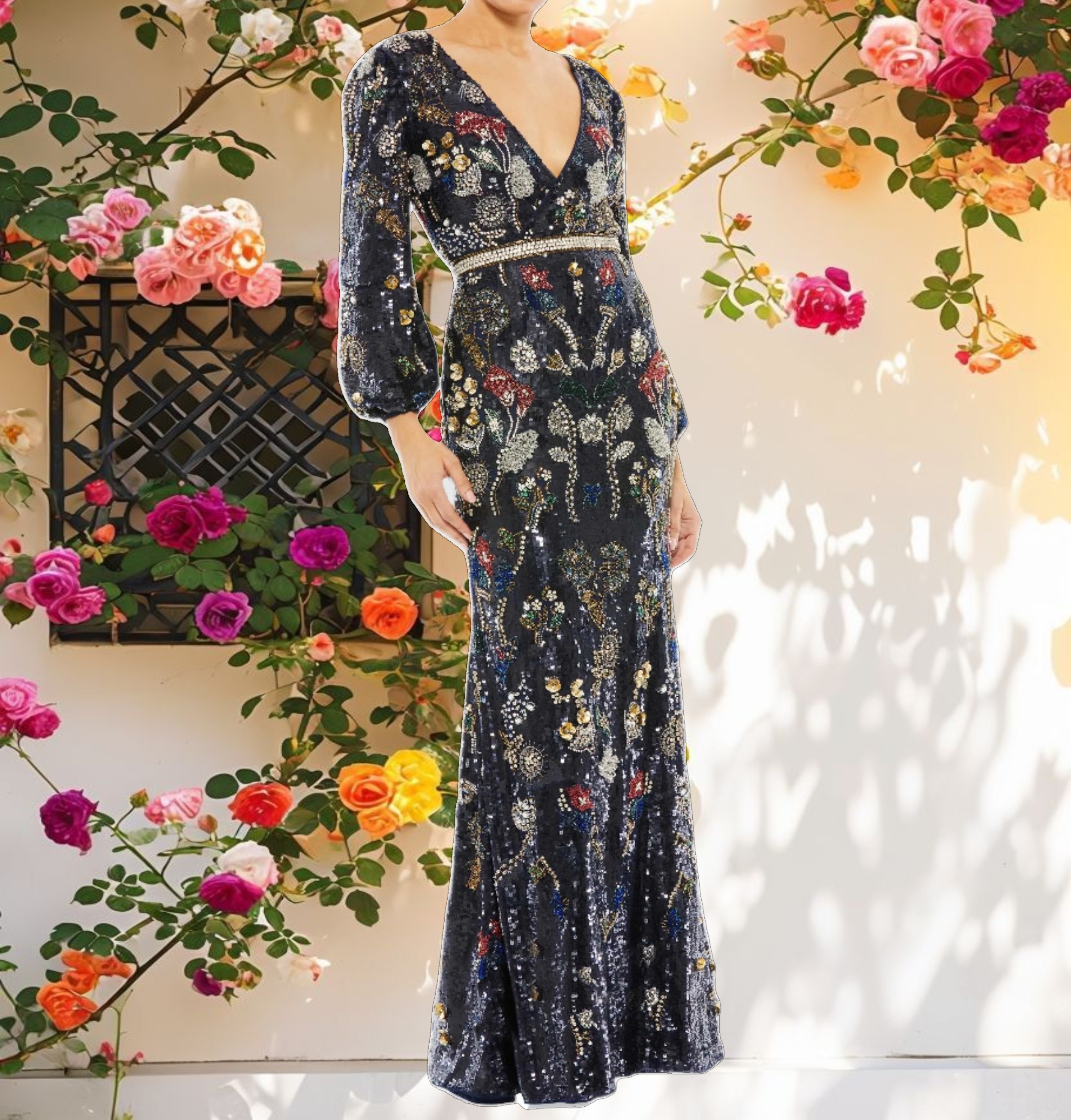 Studded Decorative Long Sleeve Evening Dress