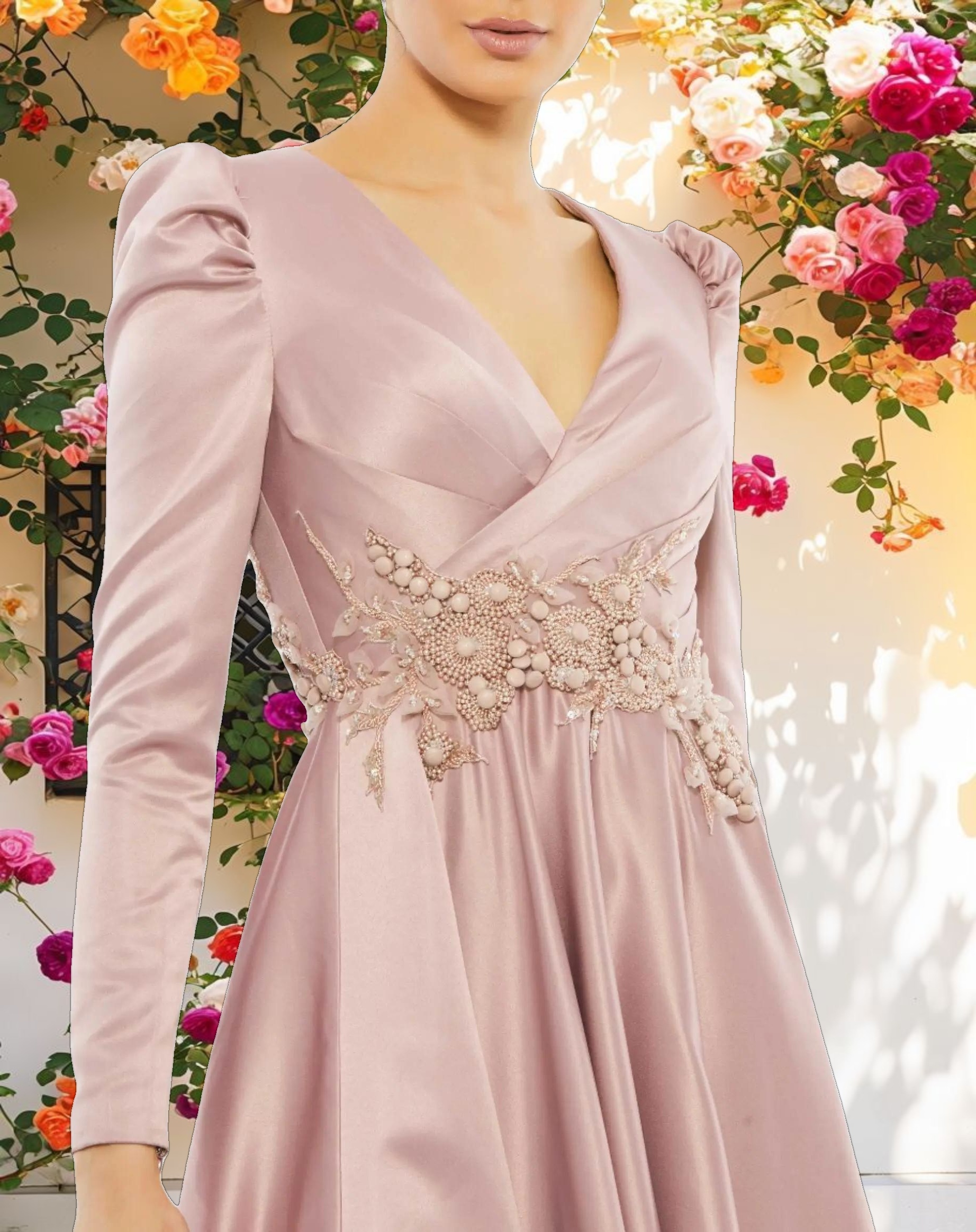 Pink Long Sleeve Decorated Dress