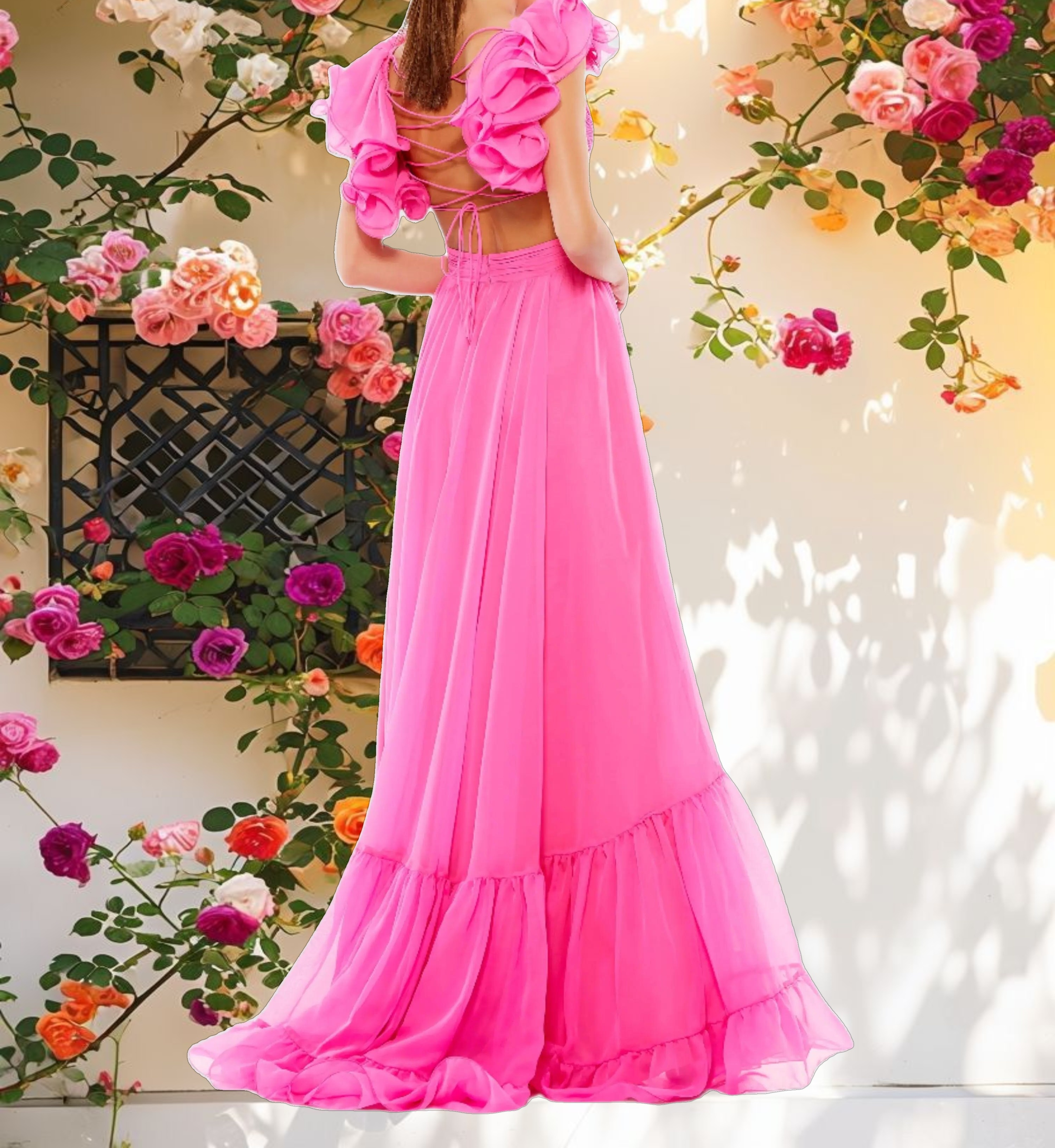 Ruffle Tiered Cut Out Chiffon Gown