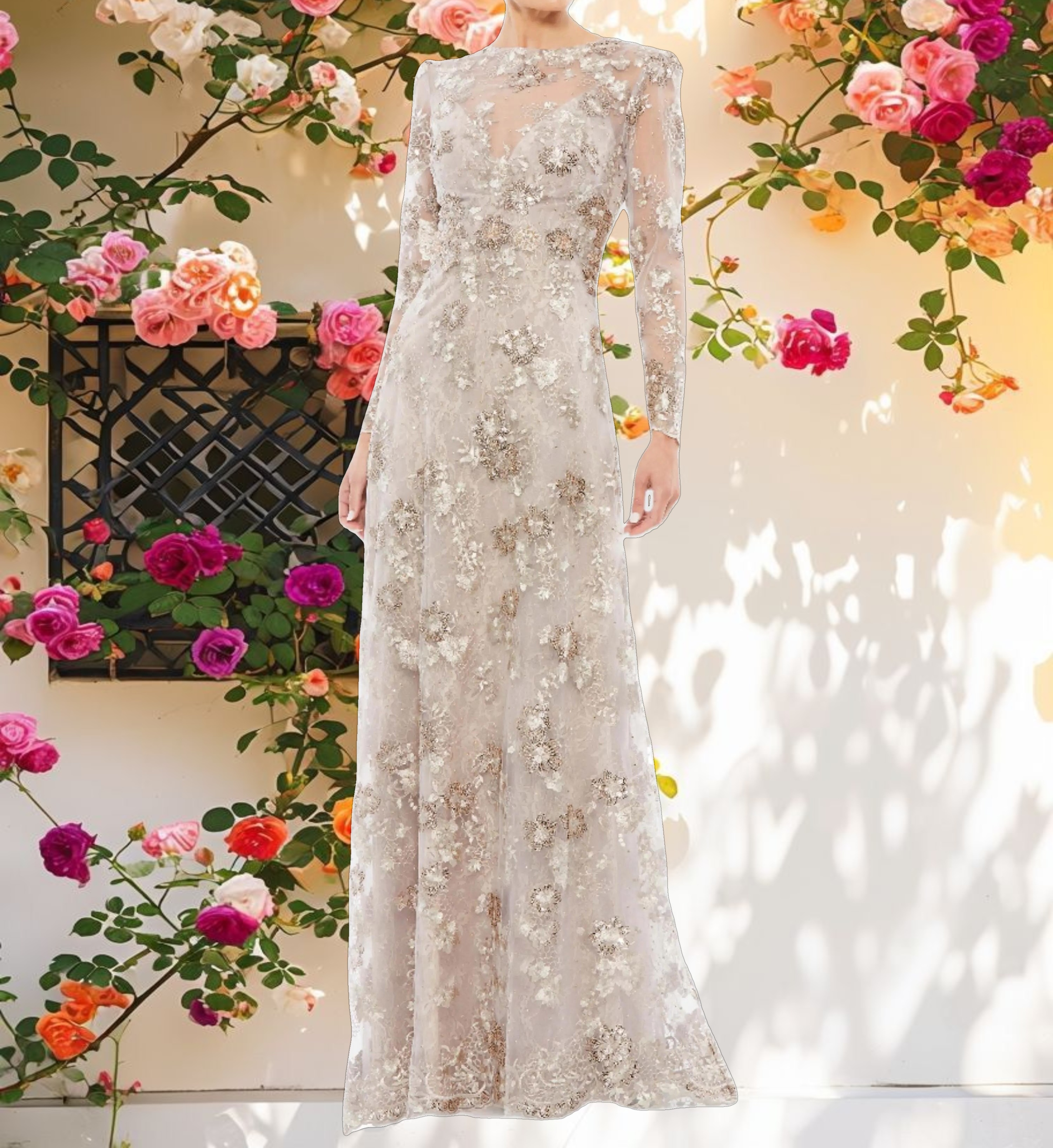 Beige Floral Embroidered Illusion Long Sleeve Evening Gown