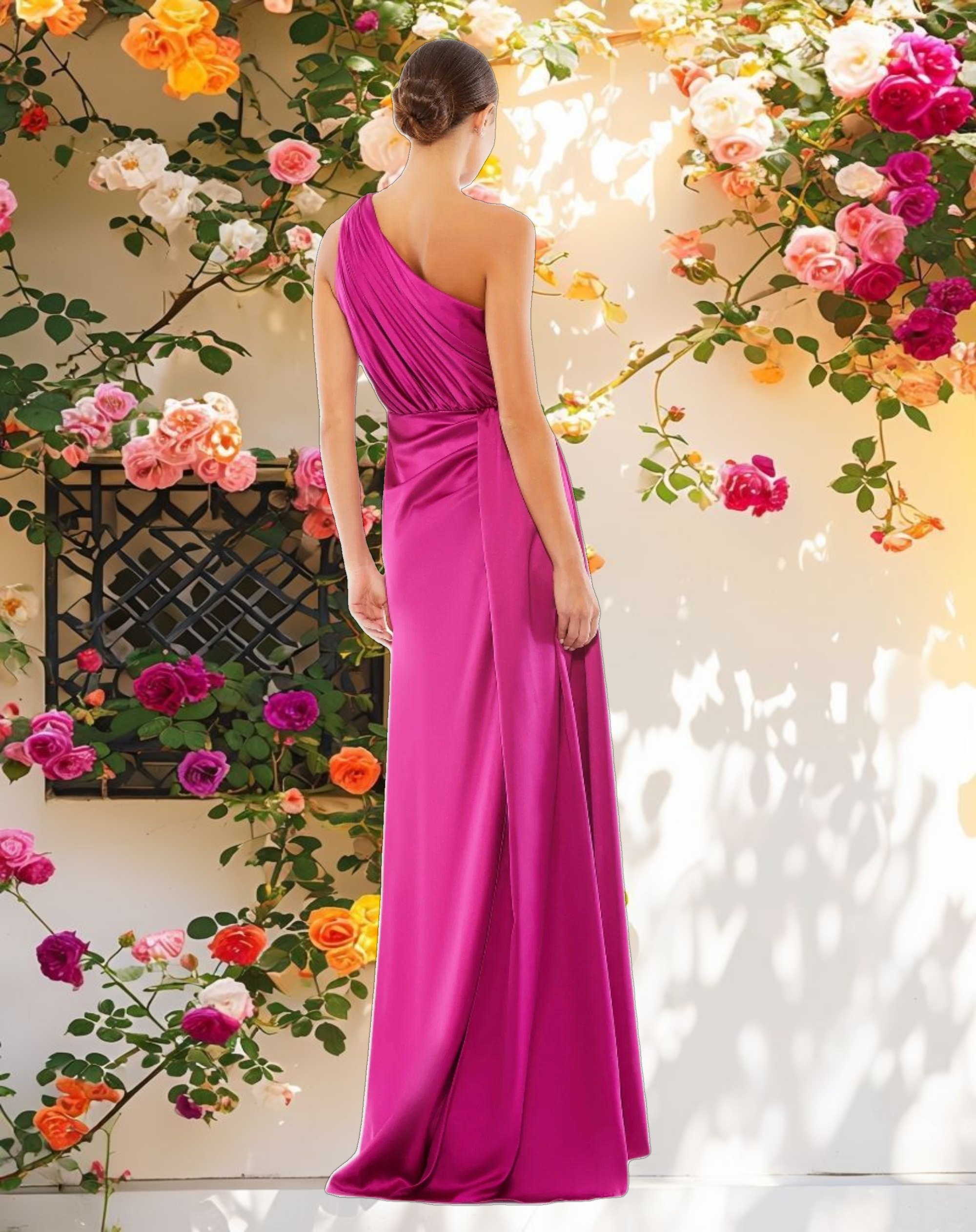 Purple Gathered One Shoulder Satin Faux Wrap Gown
