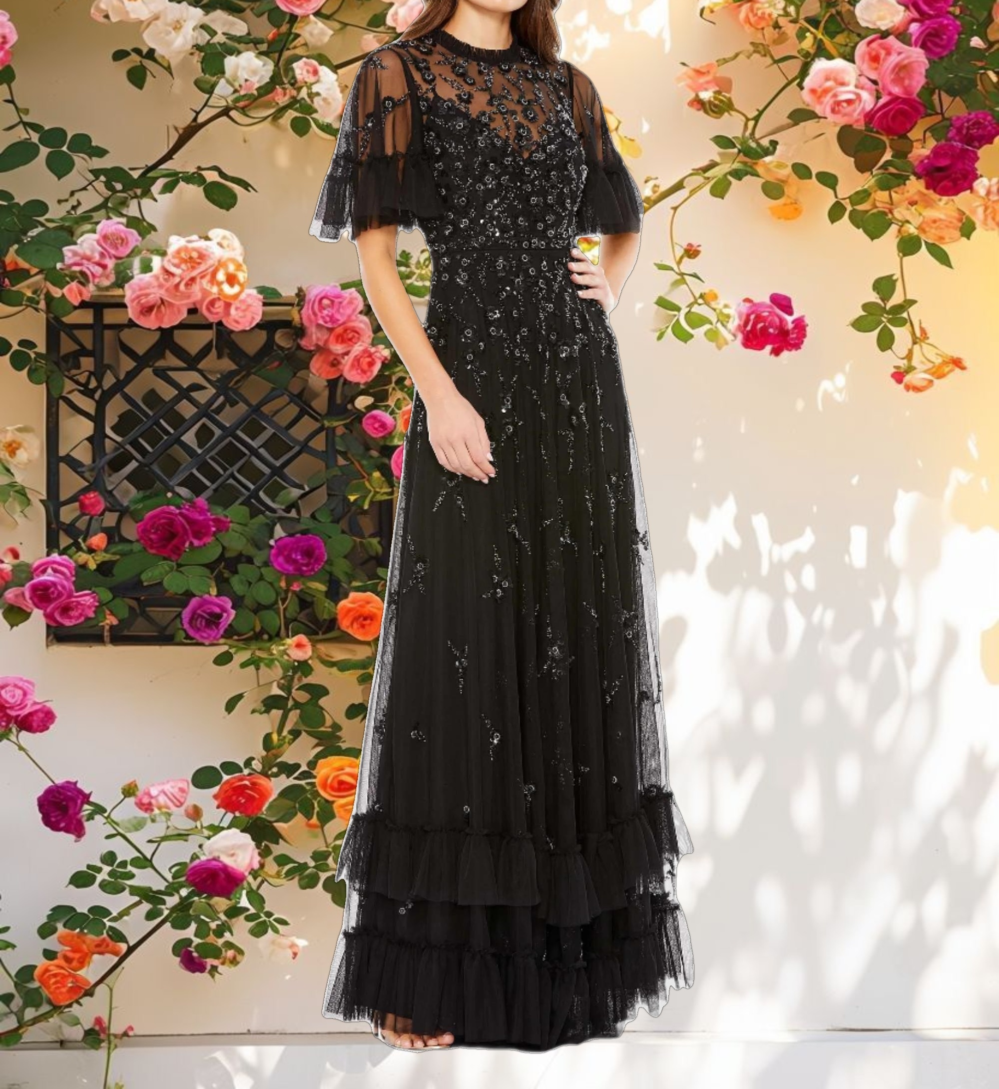 Ruffled Floral Embellished Flutter Sleeve A-Line Gown