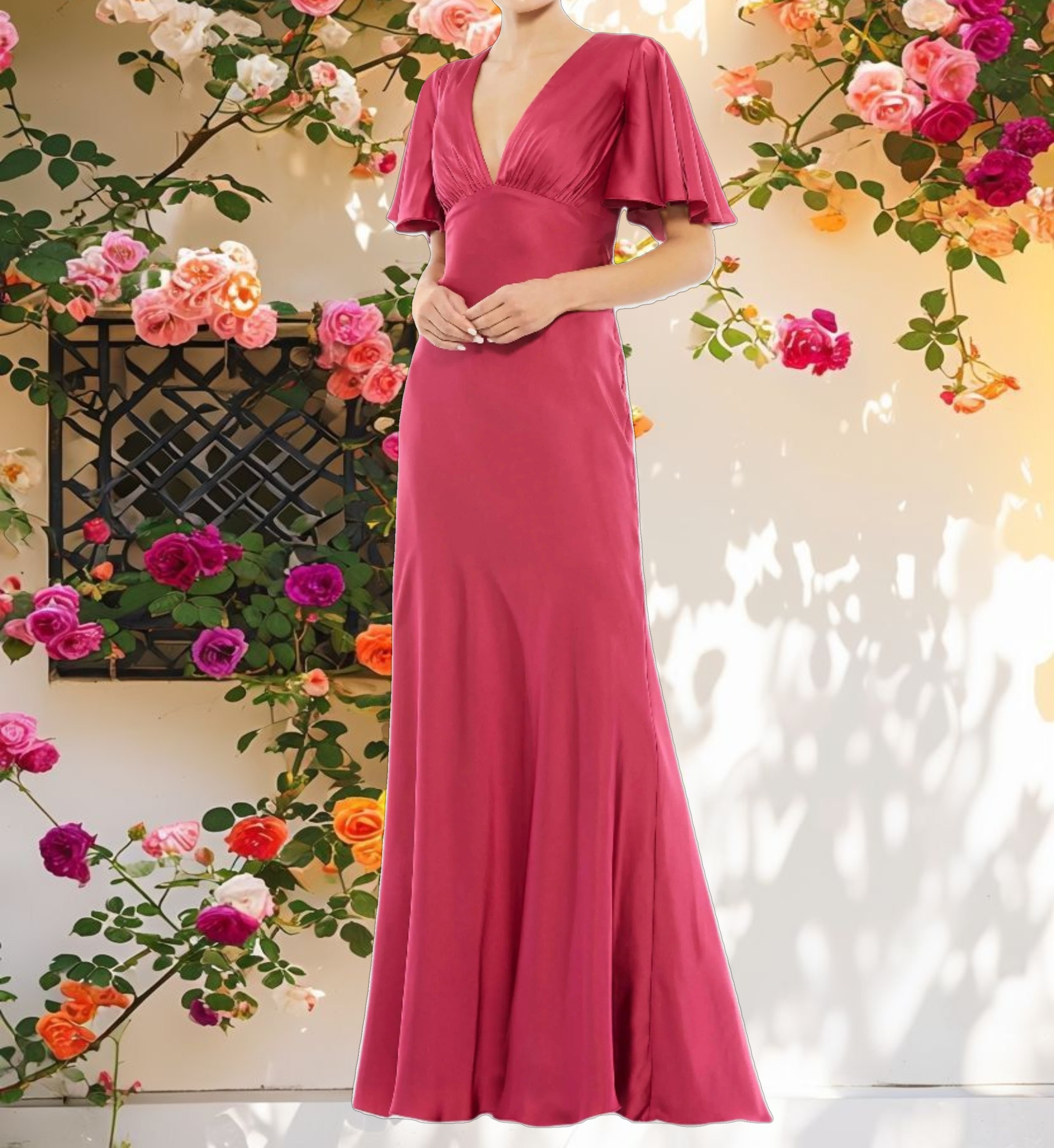 Flounce Sleeve V Neck Trumpet Gown