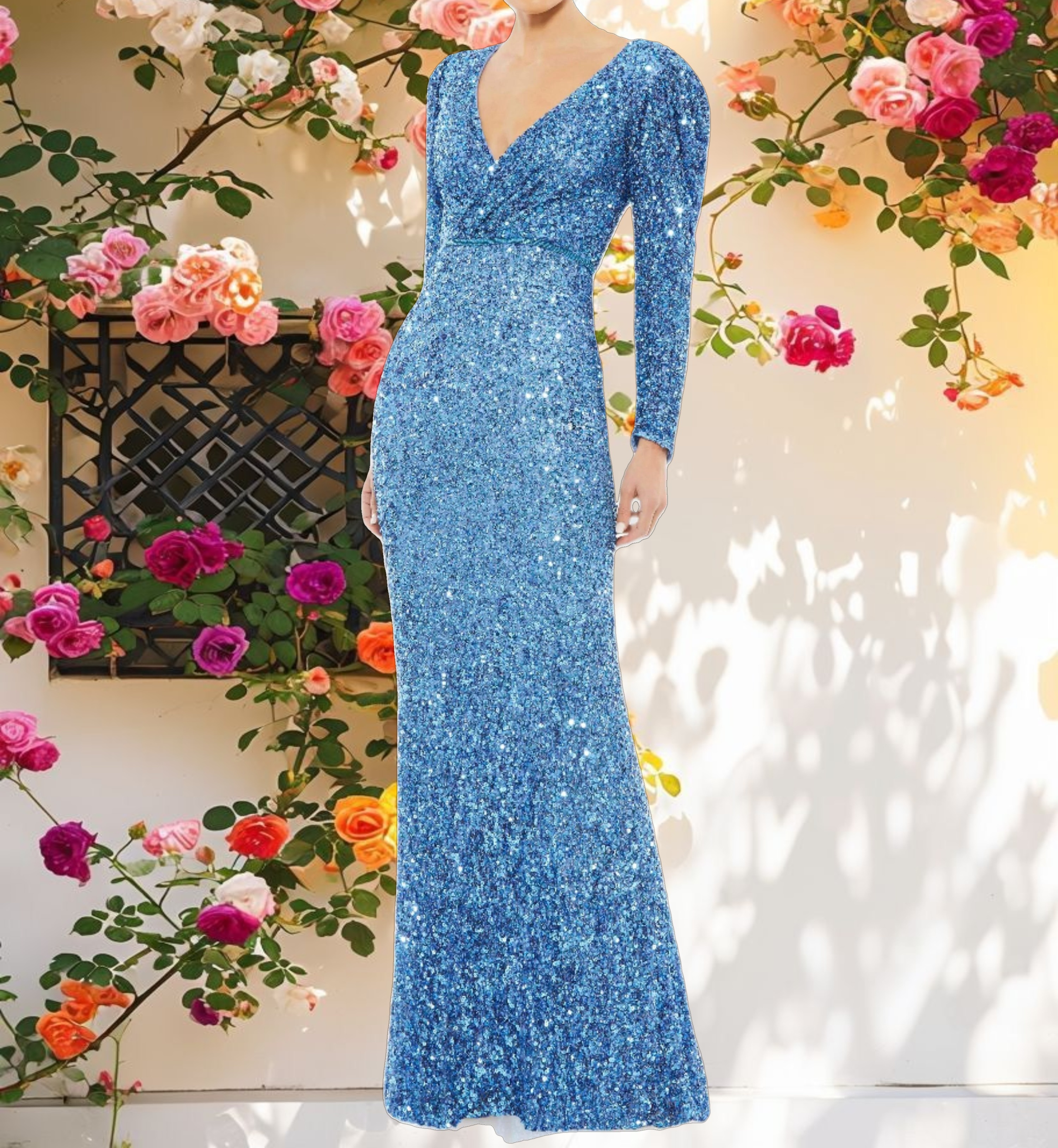Blue Puff Shoulder Sequined Surplice Gown
