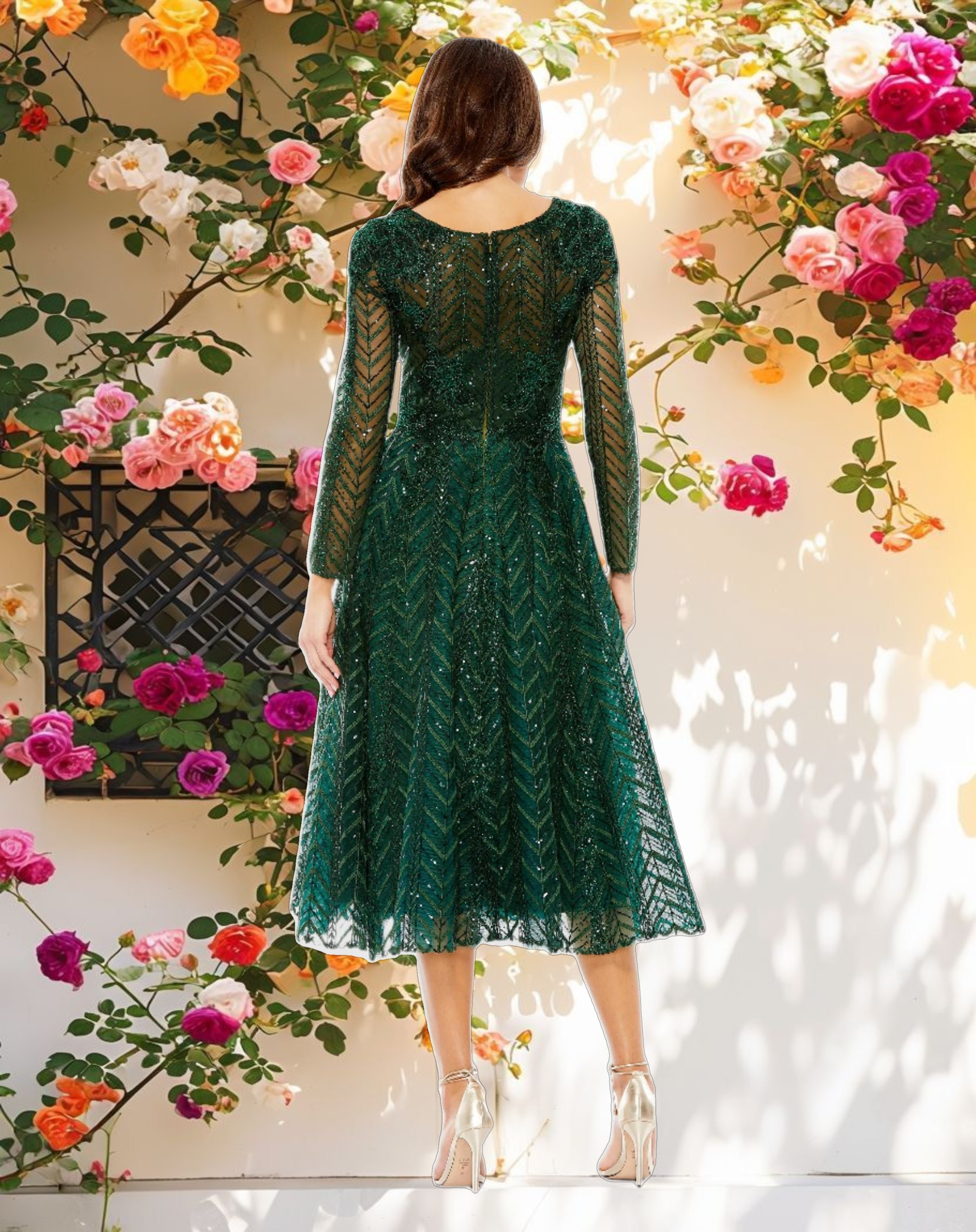 Green Embellished Long Sleeve Wrap Over Dress
