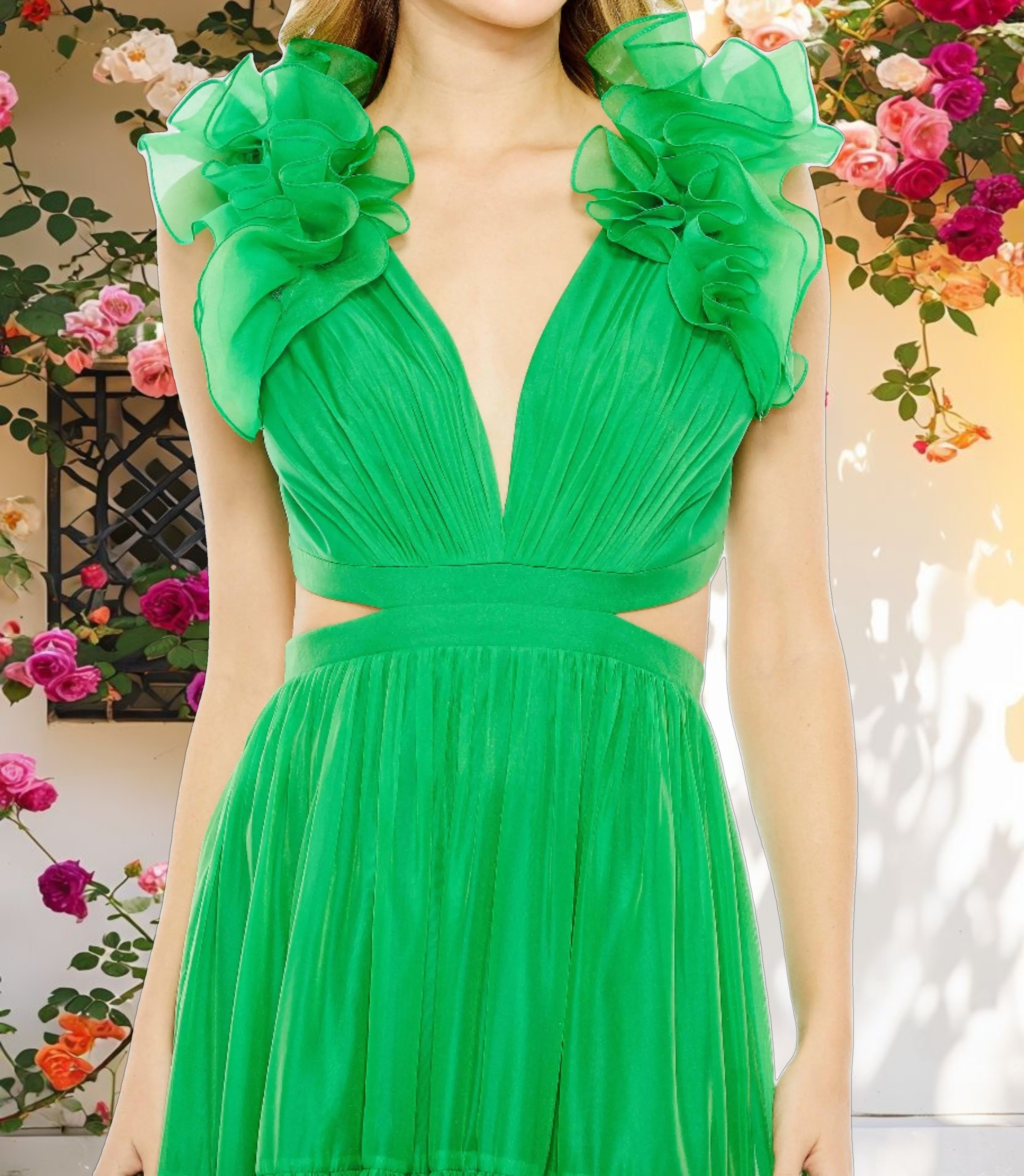Green Ruffled Shoulder Cut Out Soft Tie Back Tiered Gown