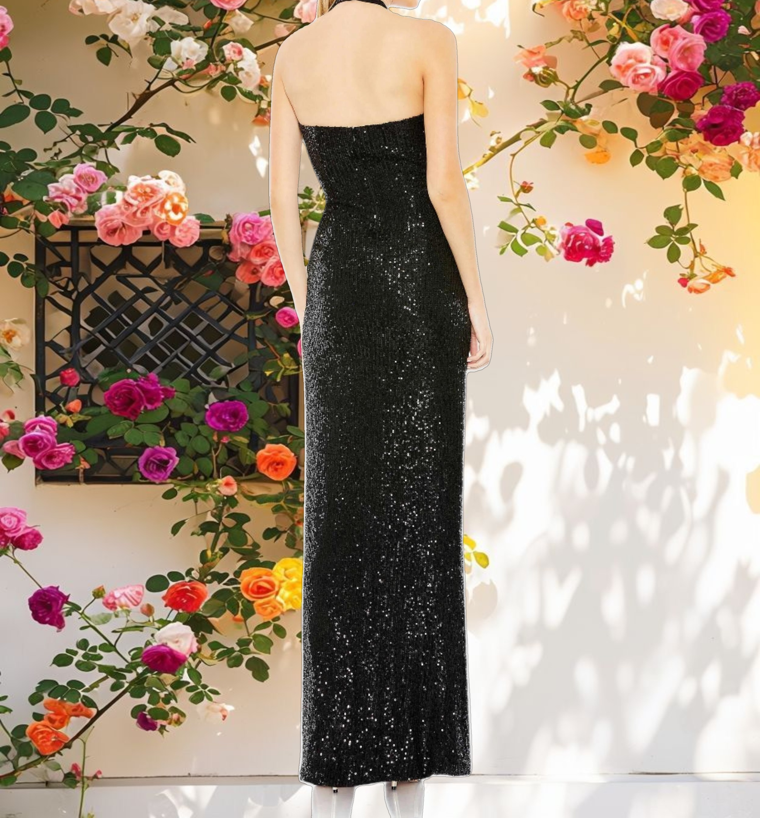 Black Sequined Halter Strap Low Side Knot Gown