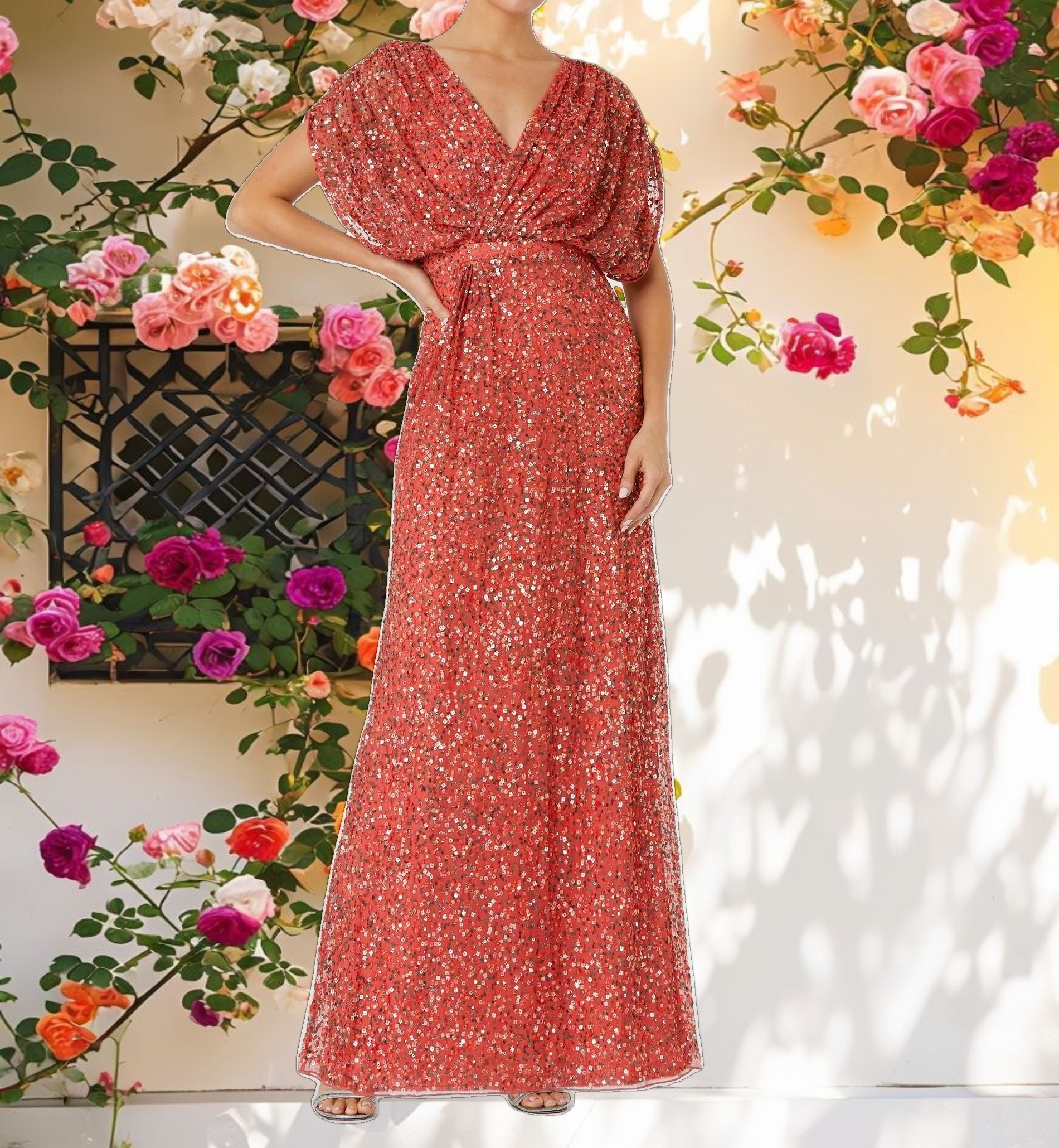 Draped Sleeve V Neck Gown