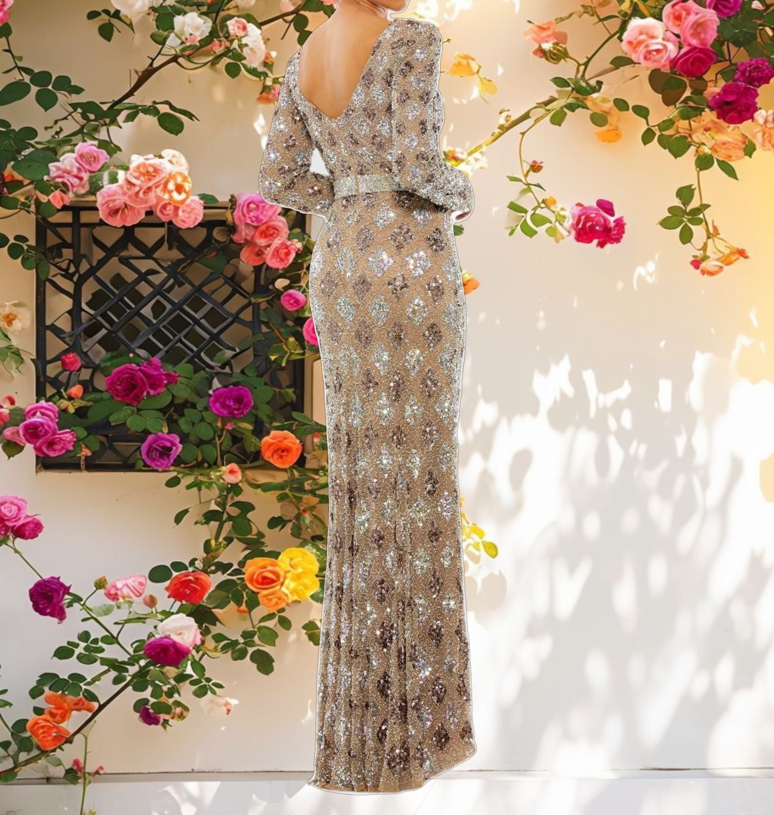 Brown Geometric Embellished Evening Gown