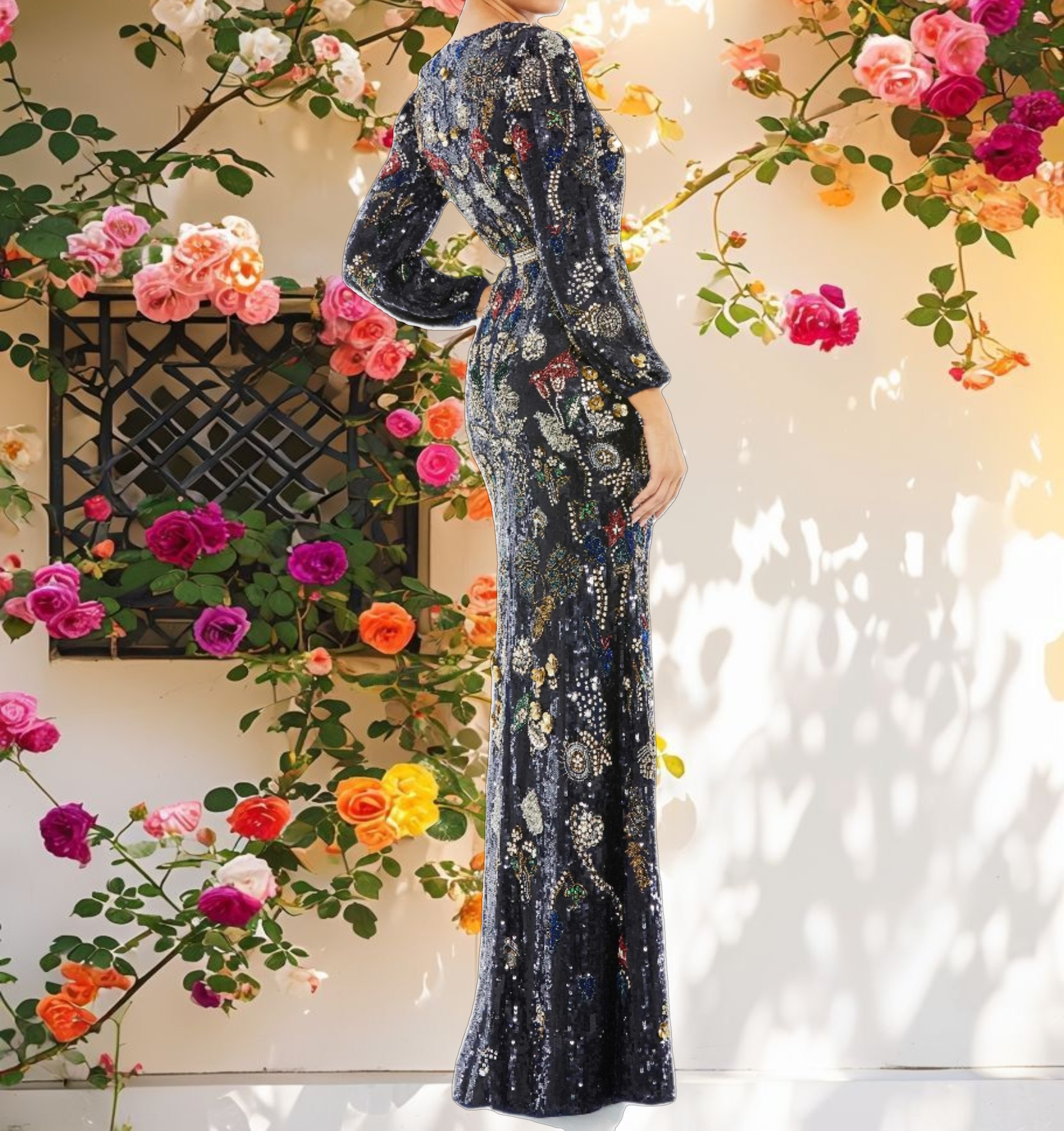 Studded Decorative Long Sleeve Evening Dress