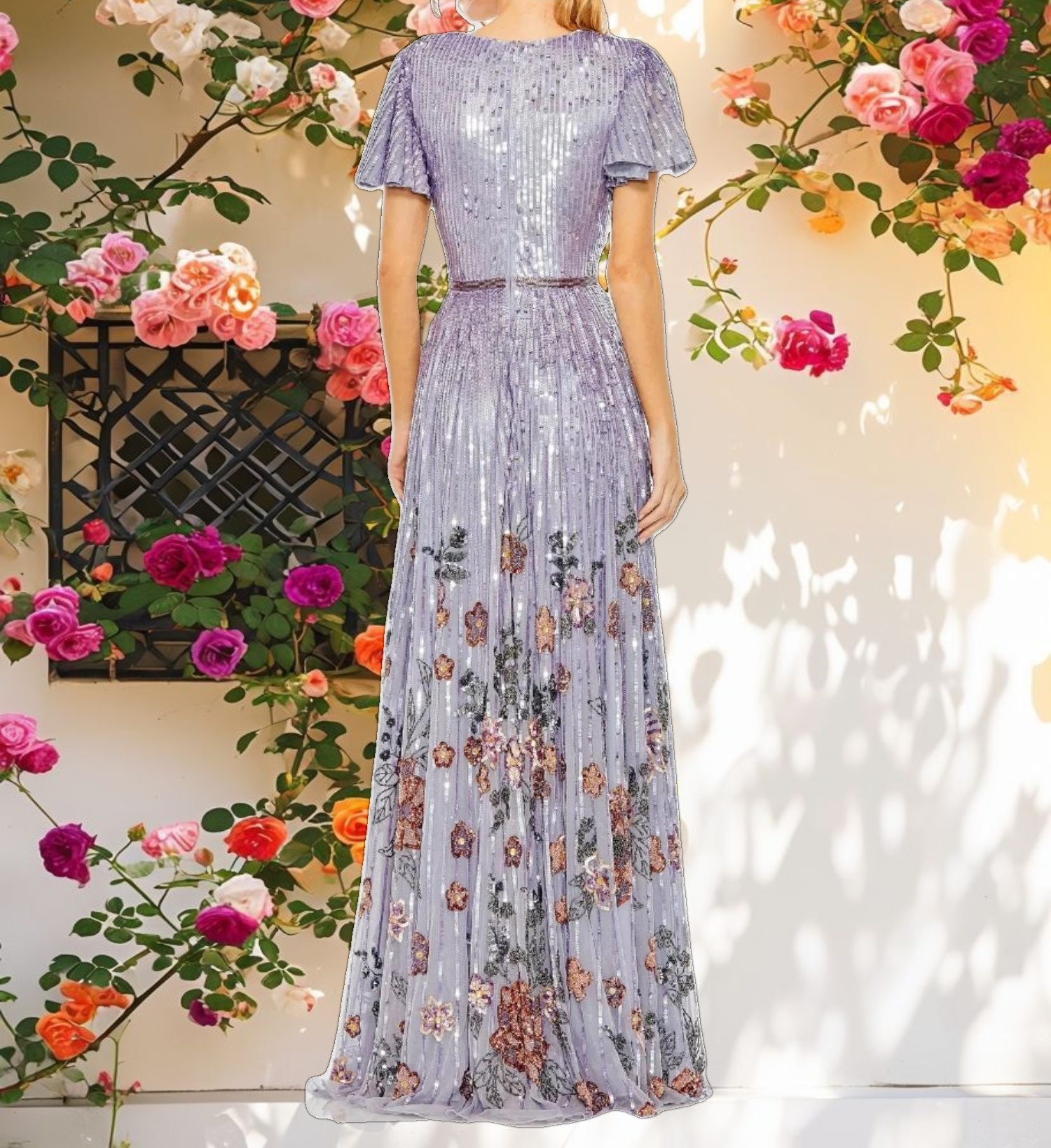 Flounce Sleeve V Neck Gown