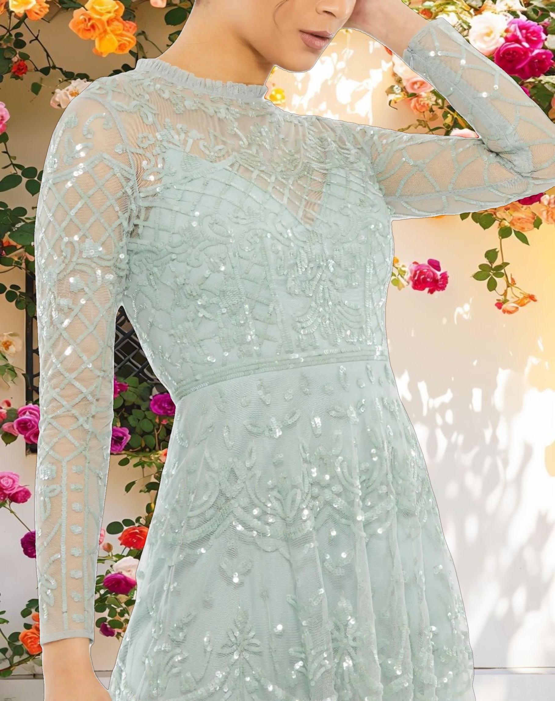 Stylish Sequined High Neck Long Sleeve Midi Dress