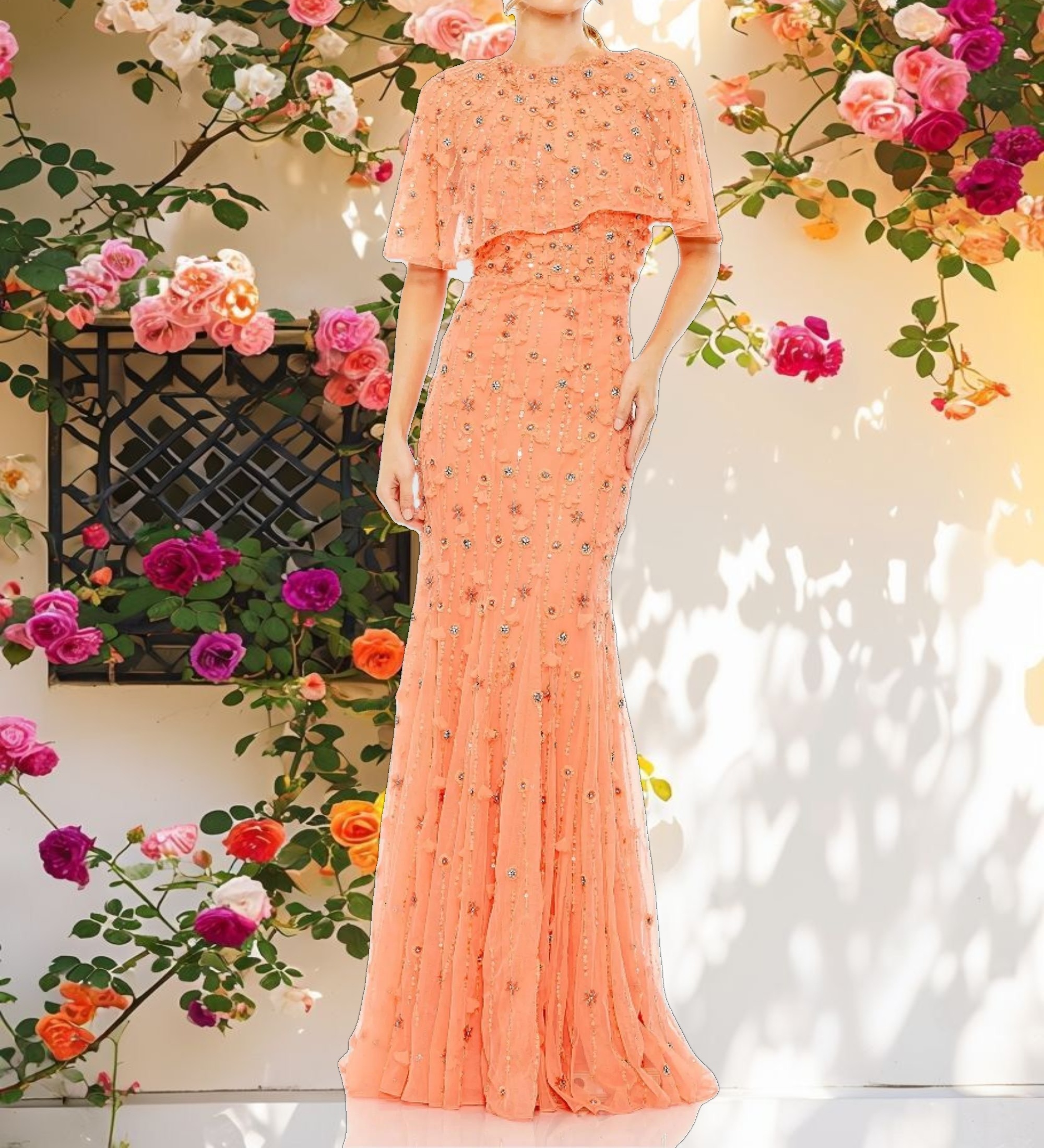 Orange Embellished Illusion Cape Sleeve Trumpet Gown