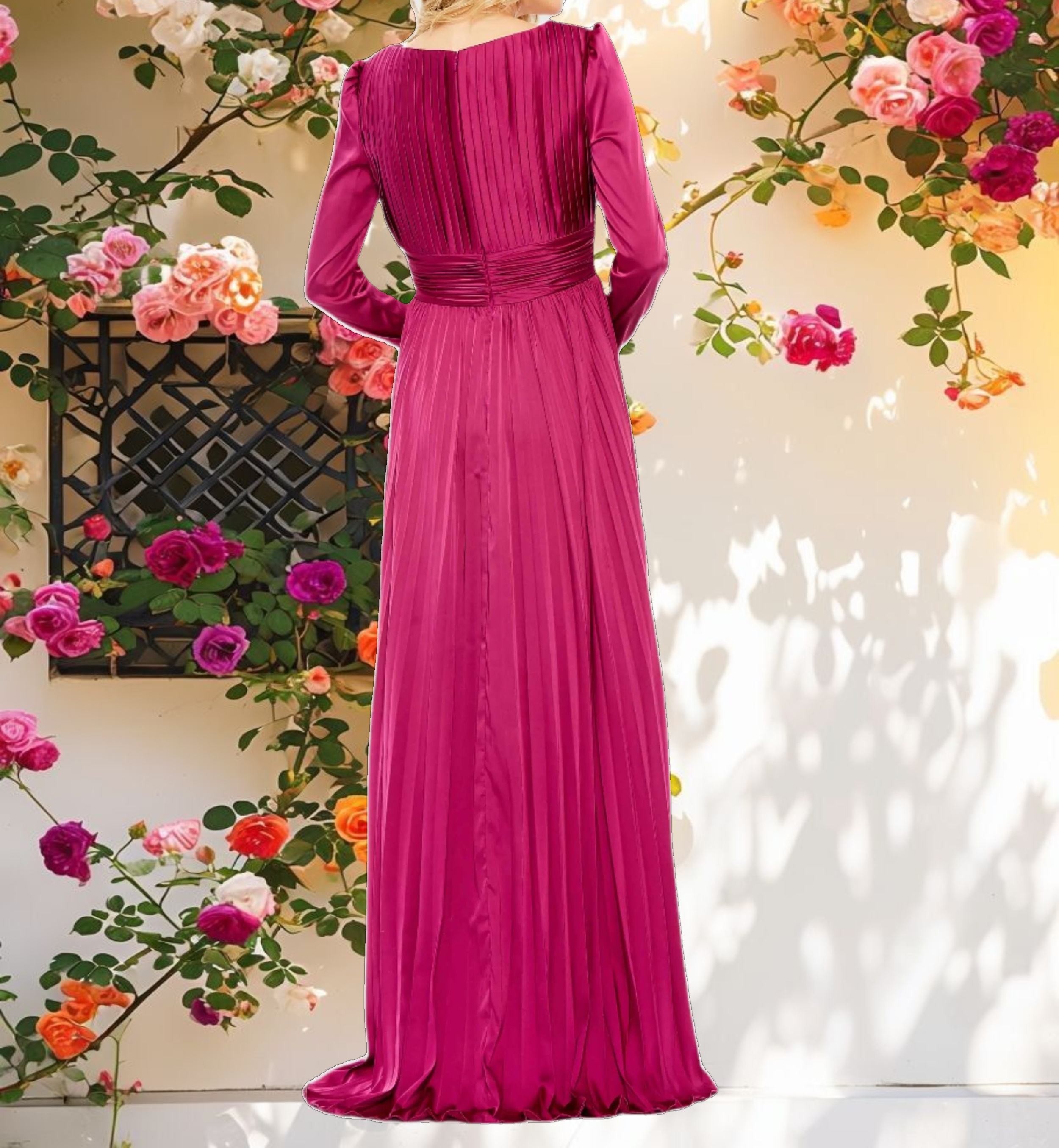 Purple Pleated Long Sleeve V Neck Gown