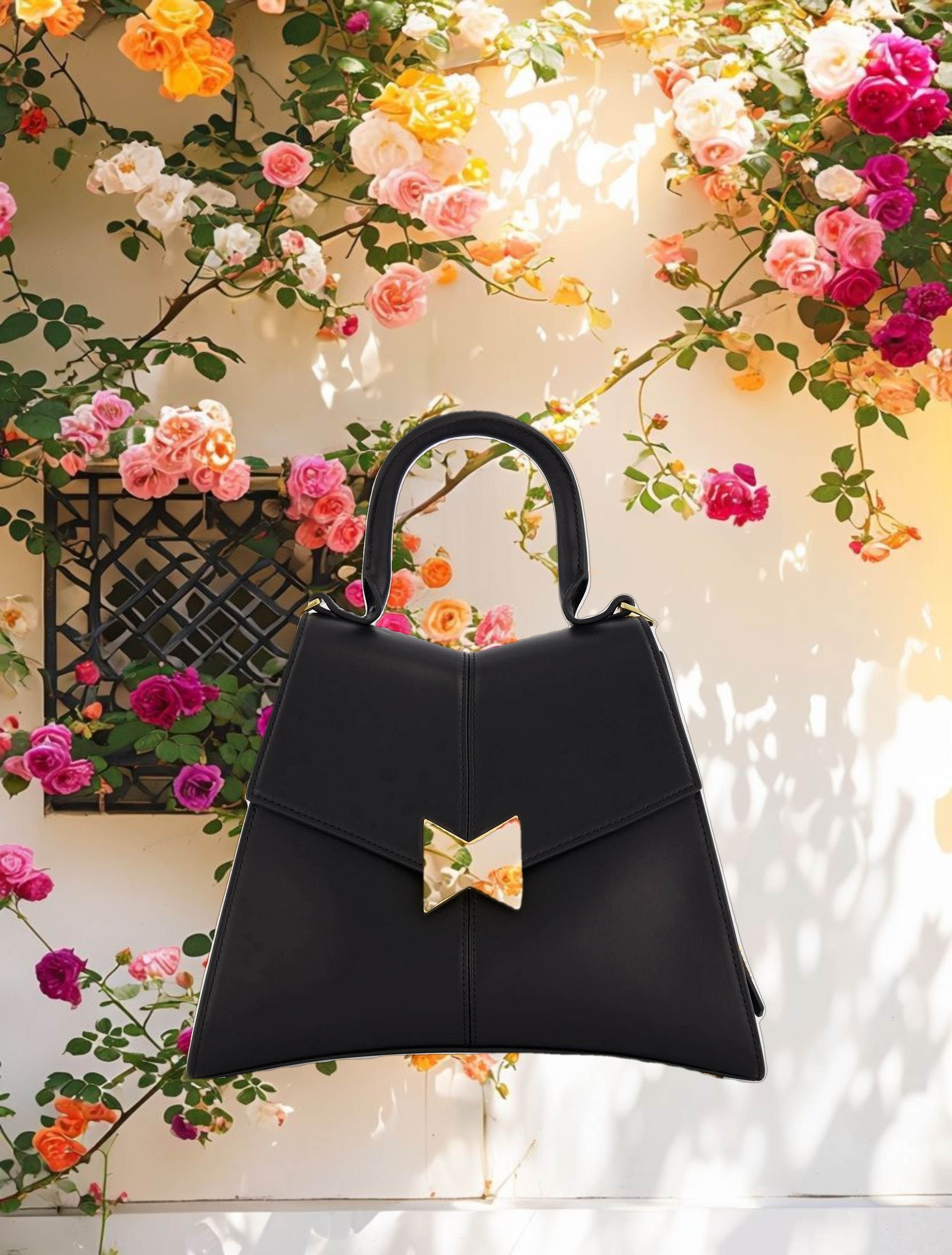 Medium Angular Black Leather Handbag With Gold Hardware