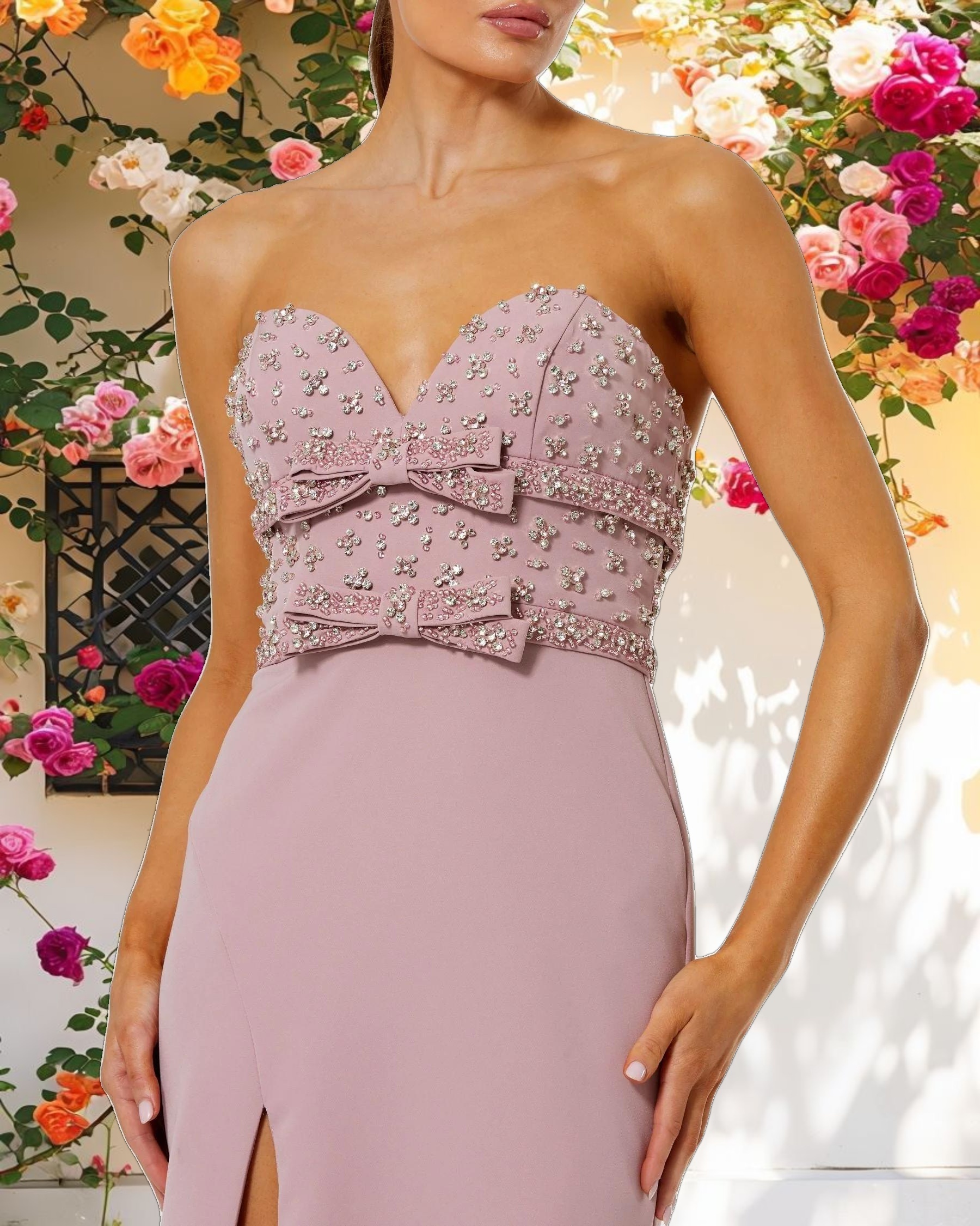 Pink Strapless Rhinestone Bodice Crepe Gown