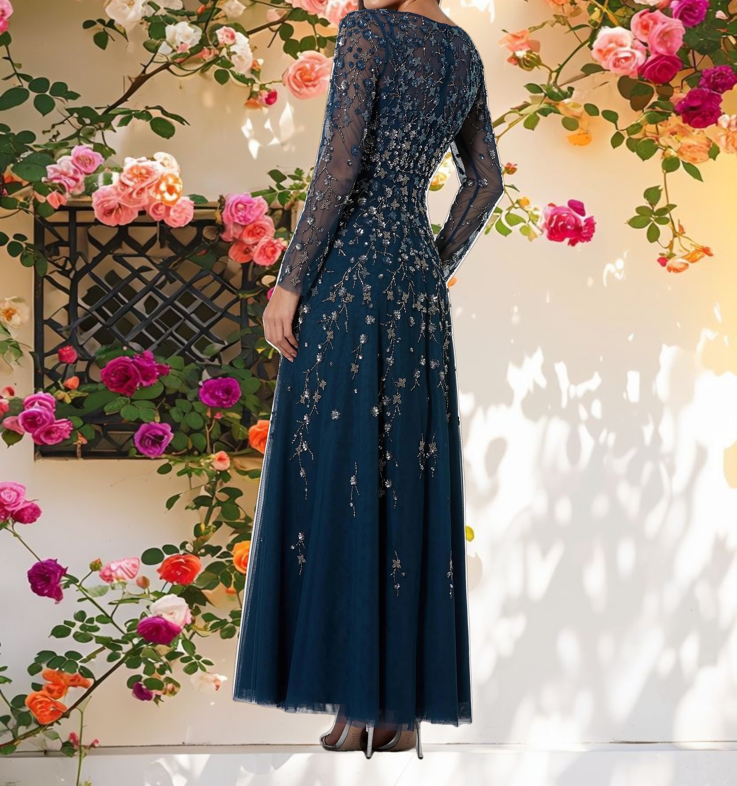 Navy Embellished Wrap Over Illusion Long Sleeve A Line Gown