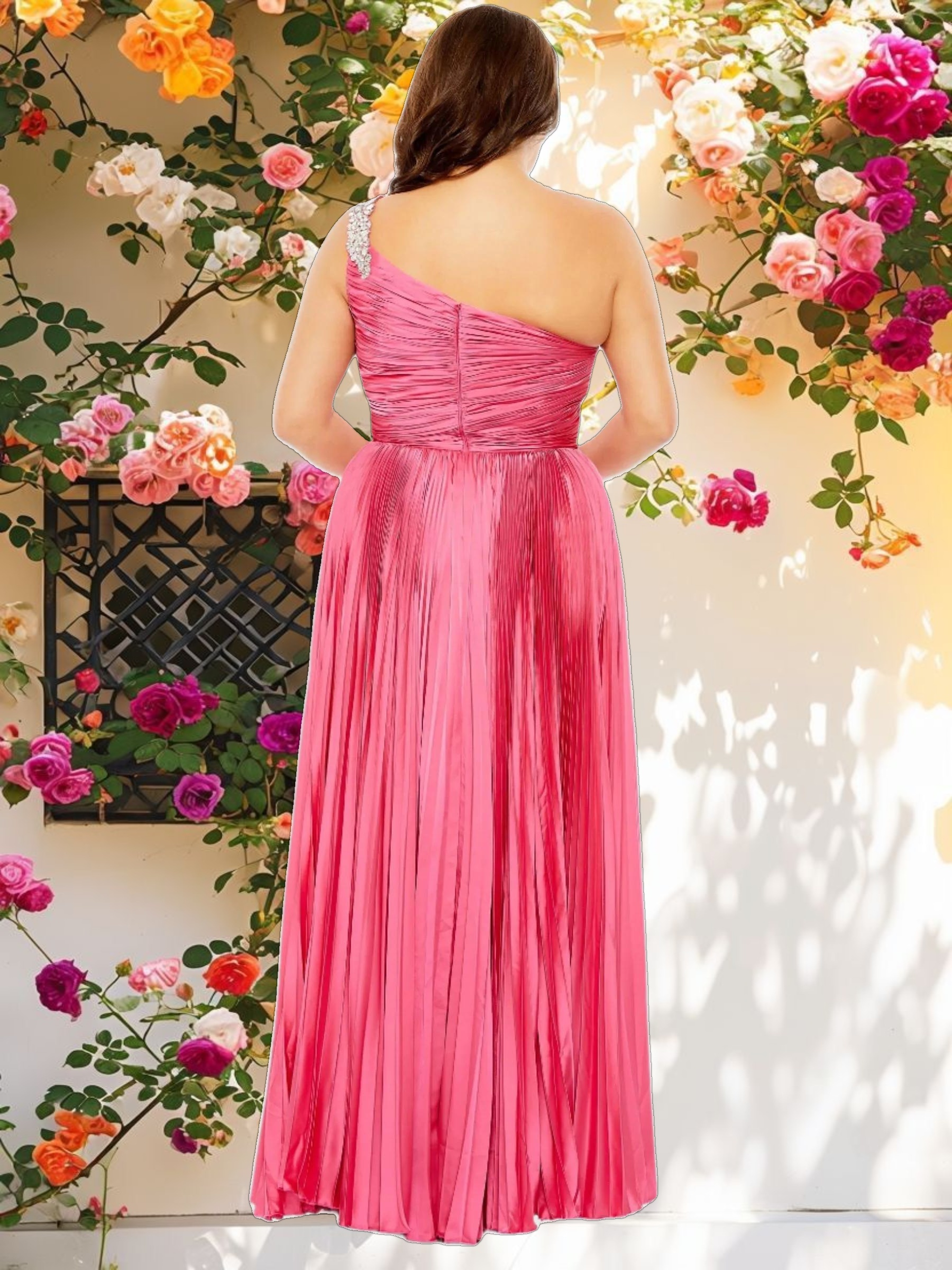 Pink One Shoulder Embellished Pleated Sleeveless Gown