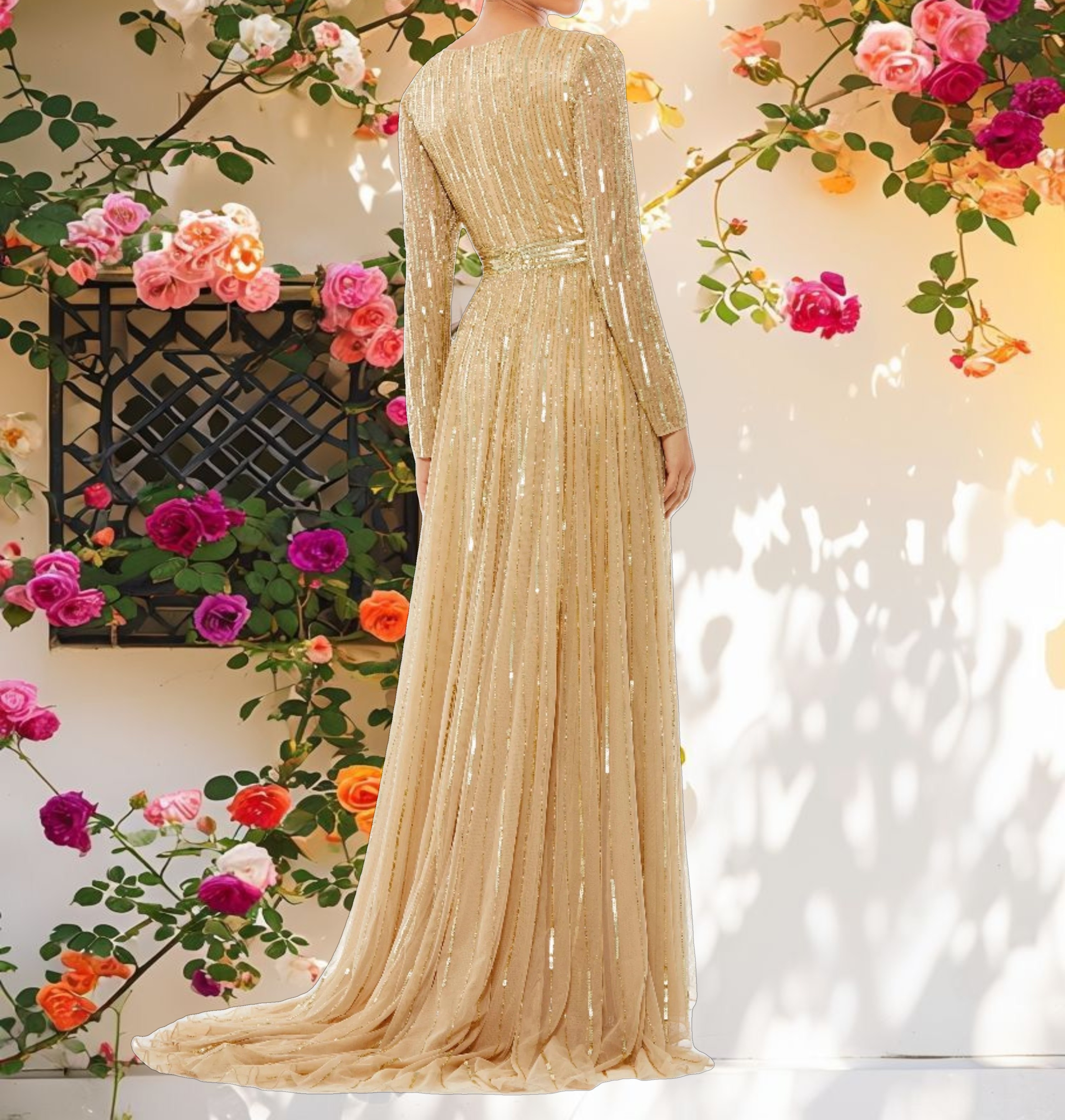 Gold Sequined V Neck Illusion Sleeve A Line Gown