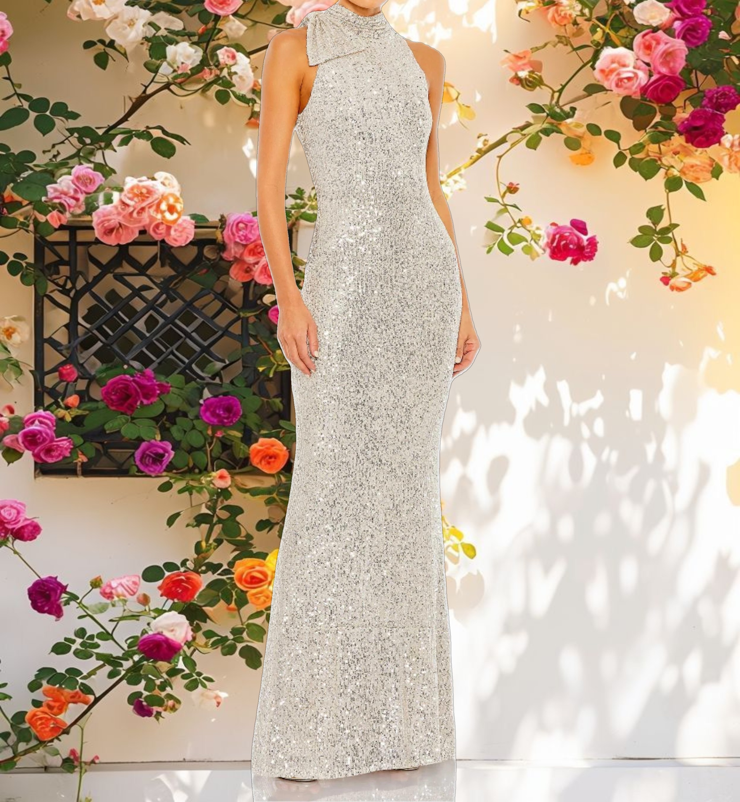 Silver Soft Tie Halter Neck Sequin Gown