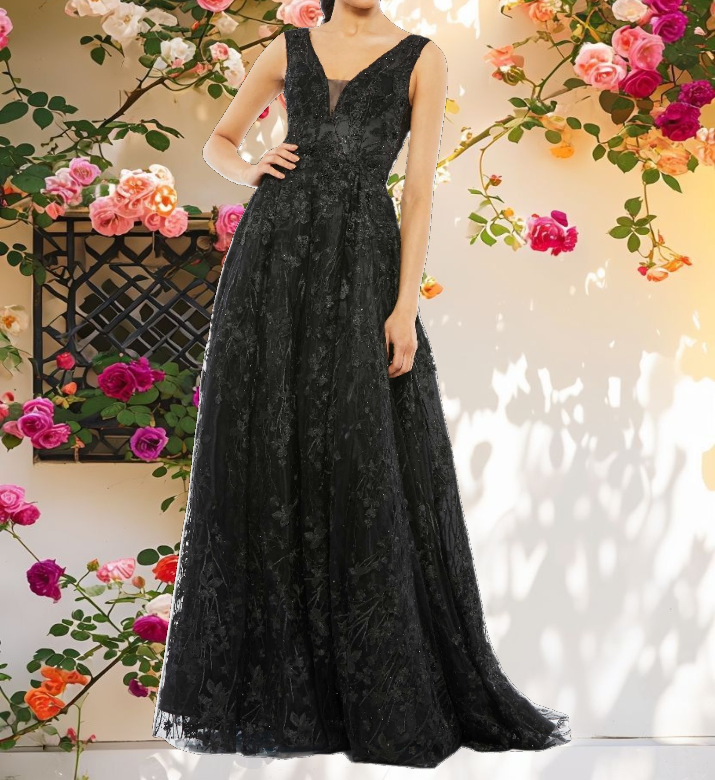 Floral Embroidered Illusion V Neck Gown