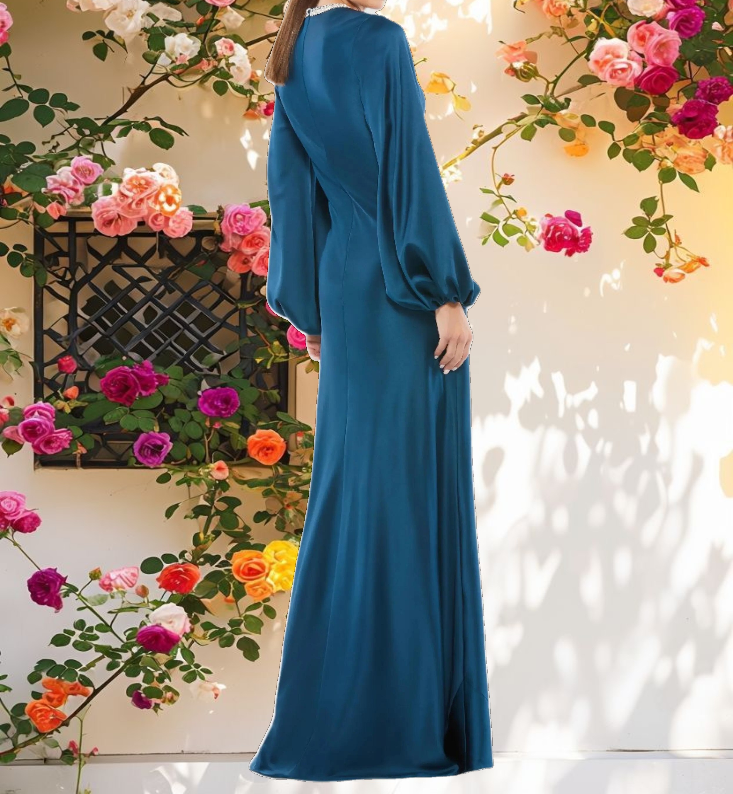 Blue Beaded High Neck Bishop Sleeve Satin Gown