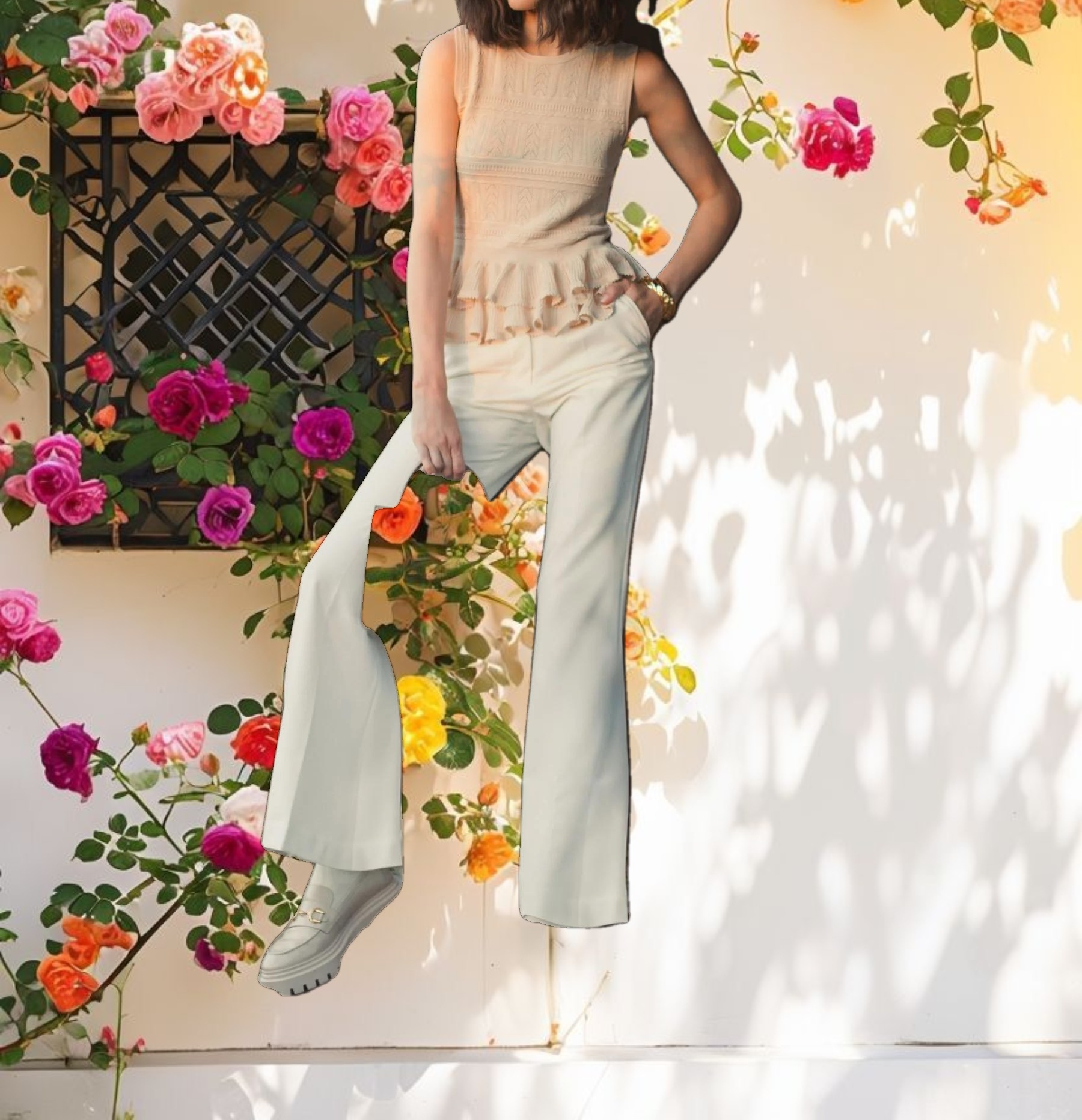 Sleeveless High Neck Knit Top With Ruffle Hem