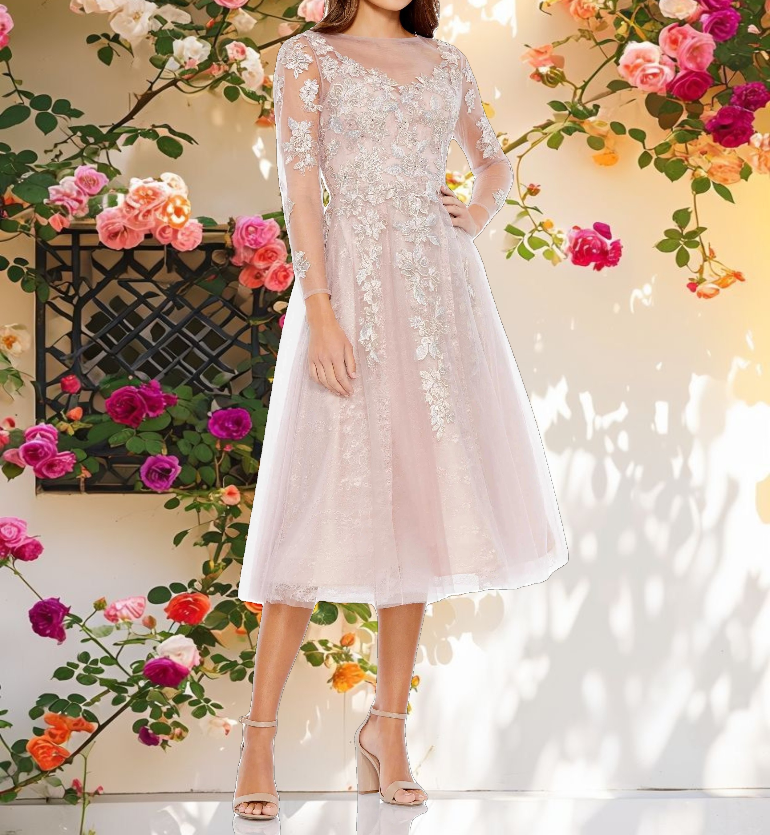 Embroidered Illusion Long Sleeve A Line Dress