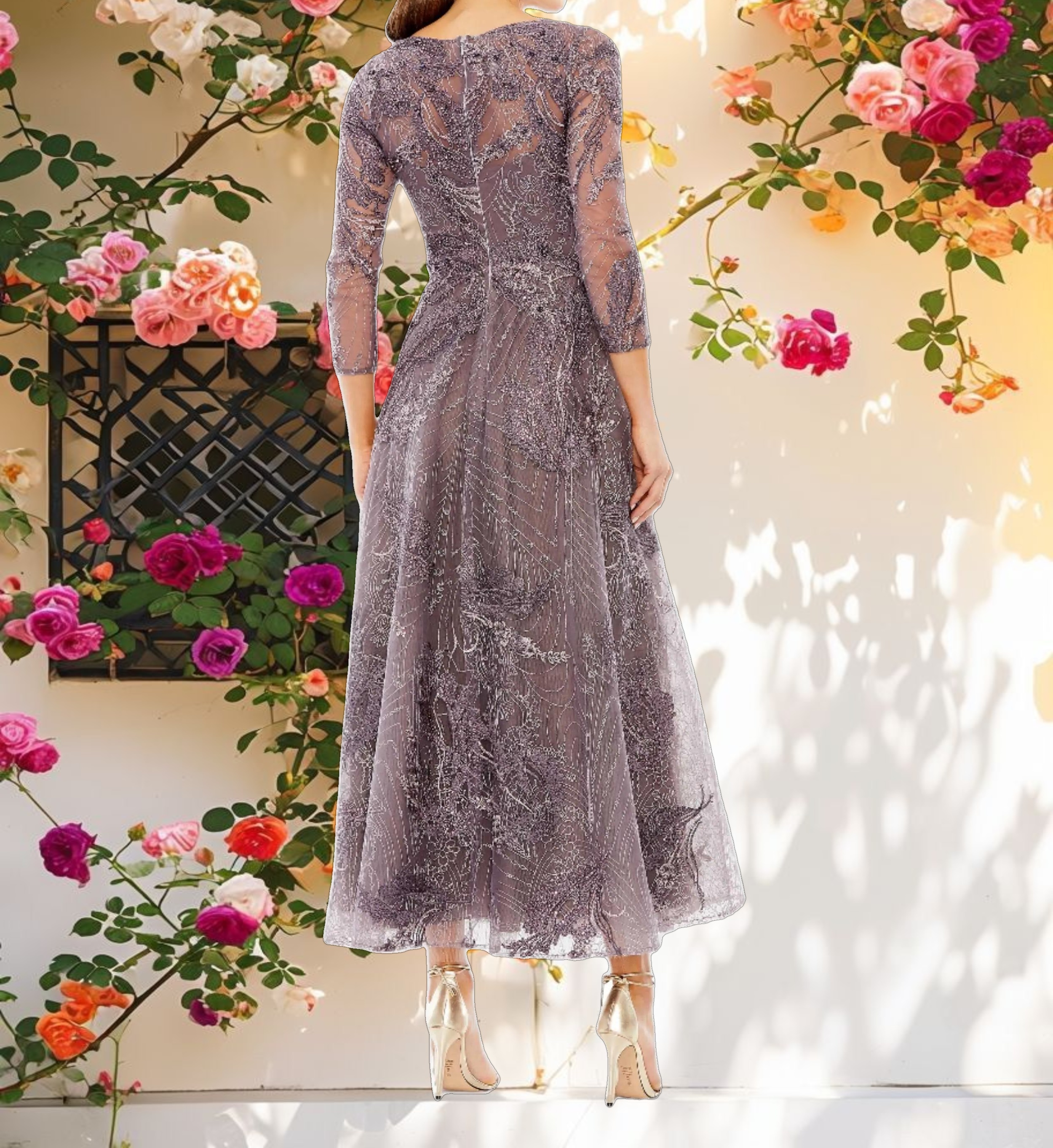 Purple Decorated Wrap Over 3/4 Sleeve Dress