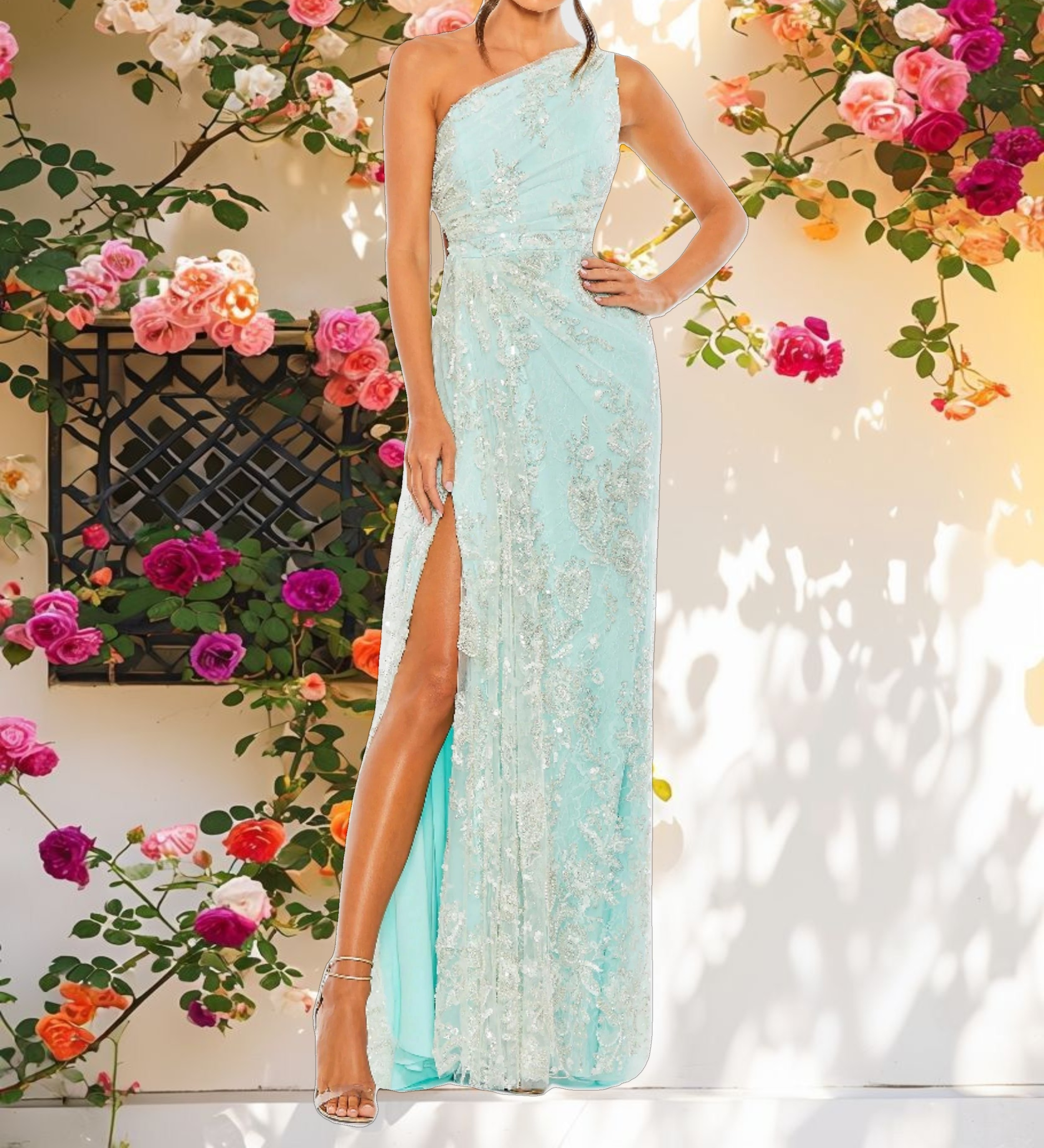 Blue One Shoulder Side Cut Embellished Gown