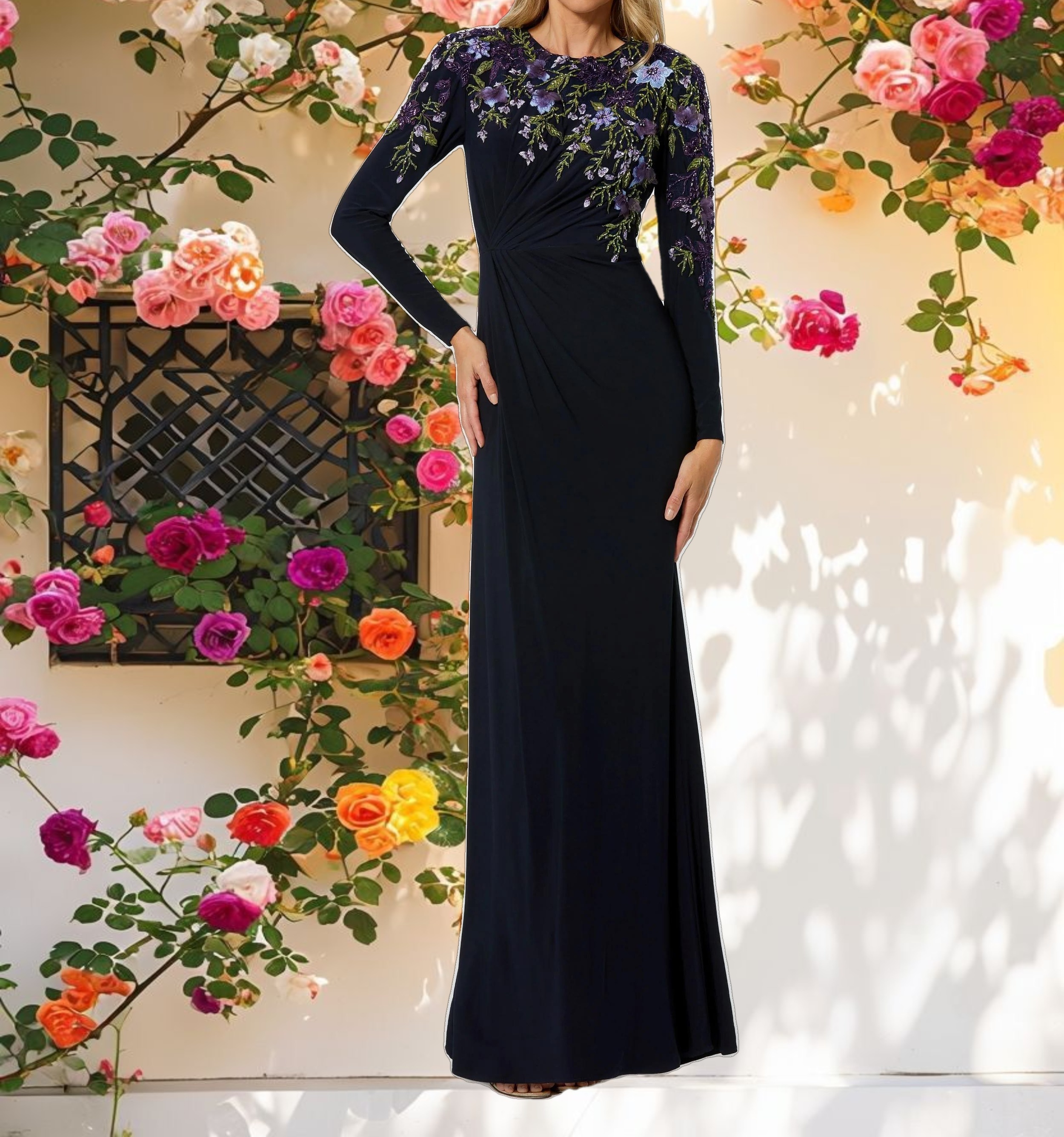 Navy Embellished Long Sleeve Fitted Jersey Gown