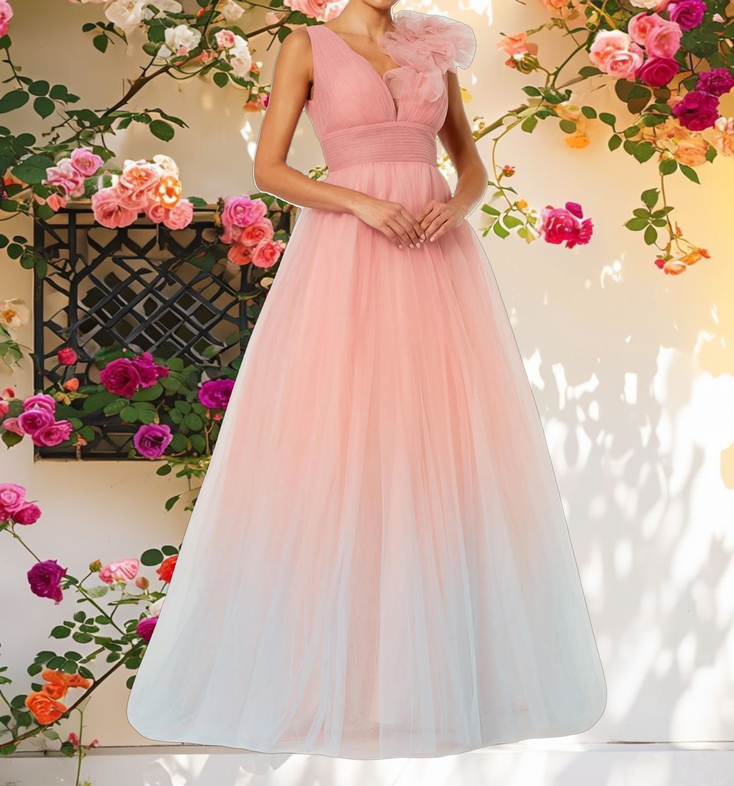 Pleated Ballgown with Ruffle Details