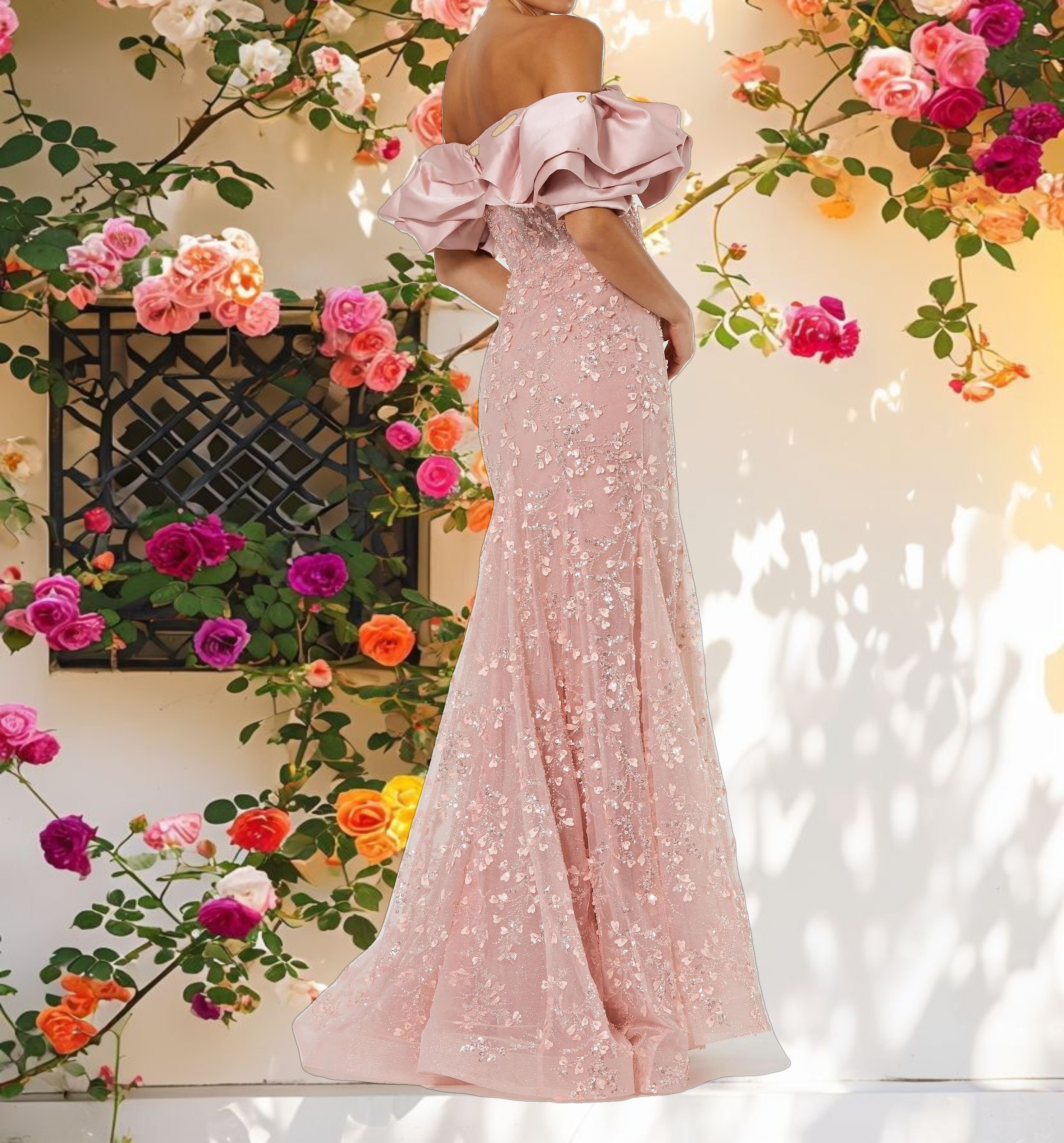 Pink Beaded Applique Off The Shoulder Mermaid Gown