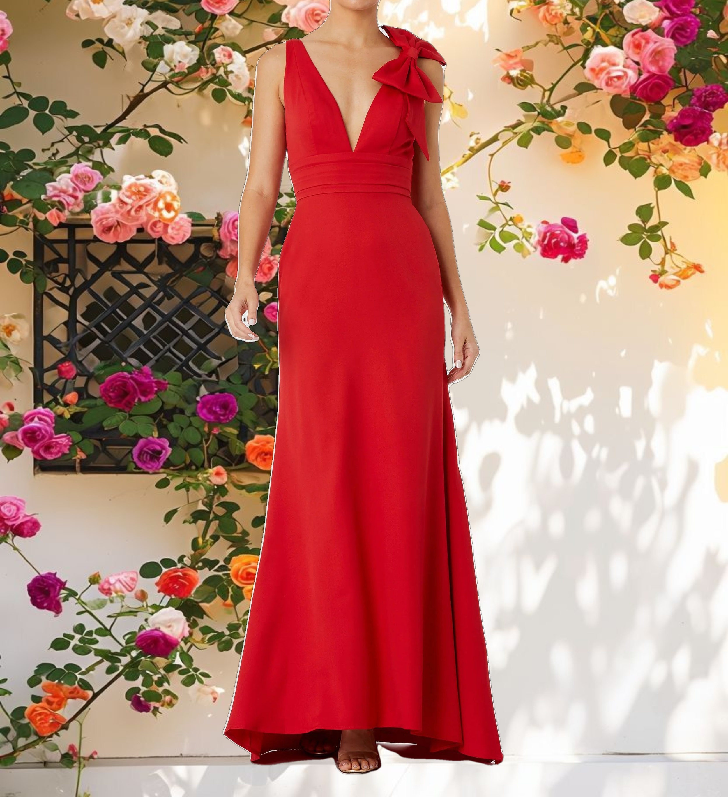 Sleeveless V Neck Bow Detail Mermaid Gown