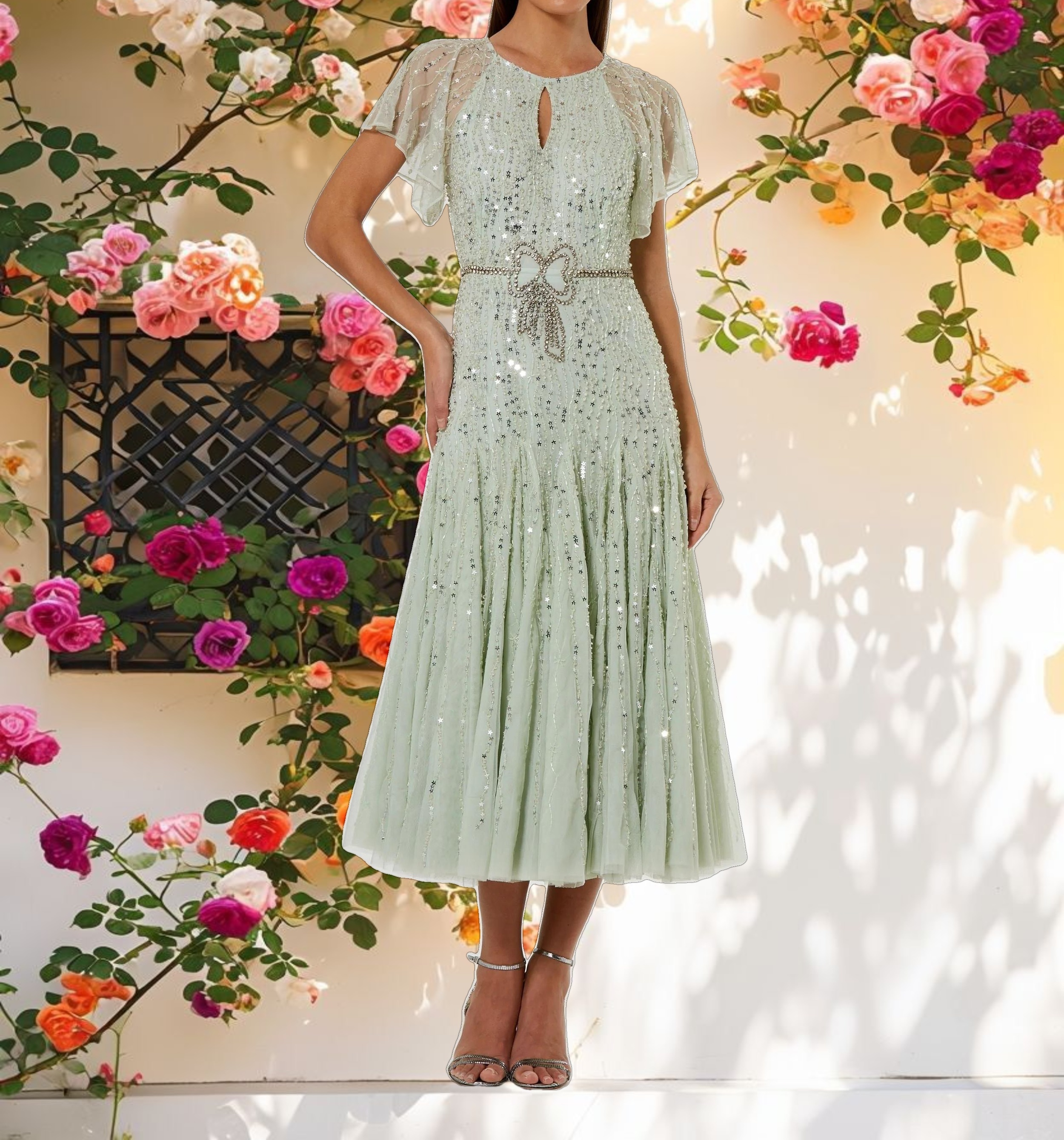 Green Embellished Bow Flutter Sleeve A Line Midi Dress